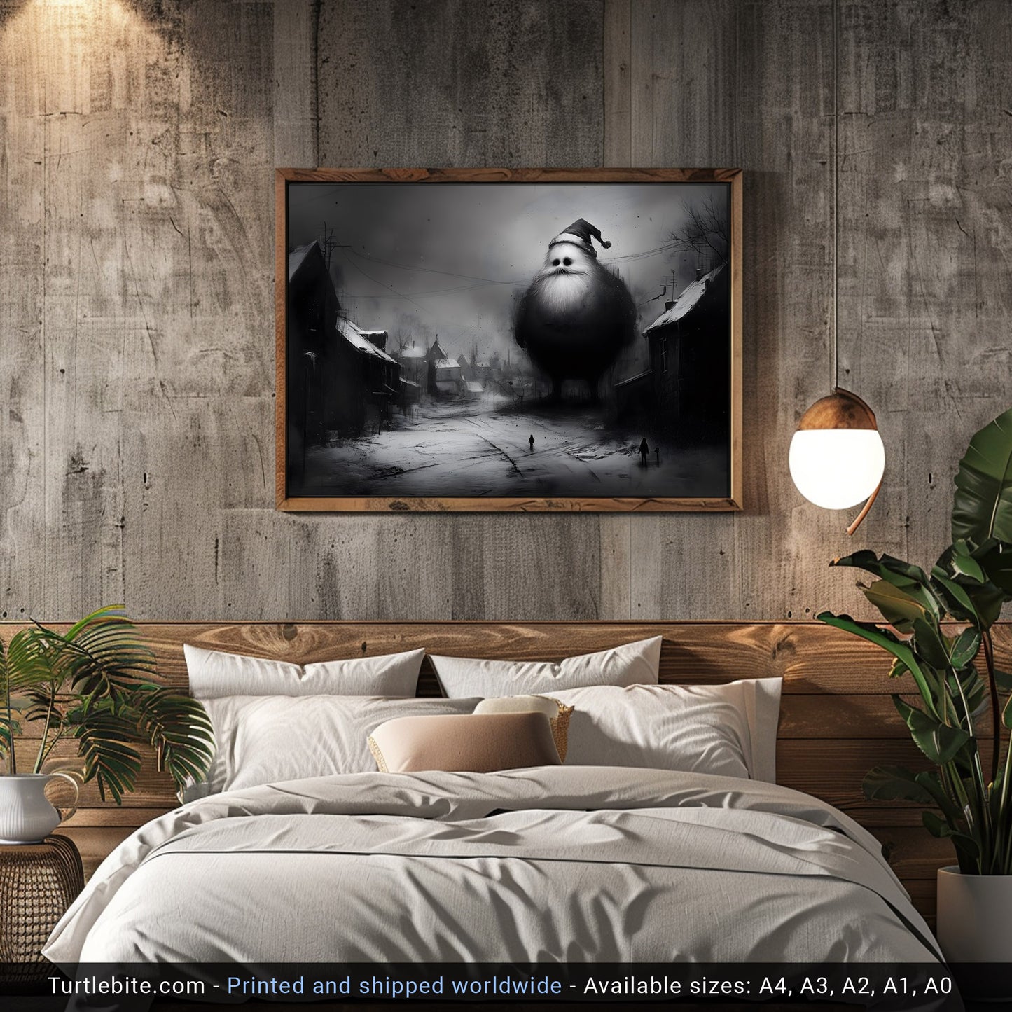 Lonely Santa Claus Illustration - Unique Melancholic Christmas Decor - Moody Black and White Painting Poster