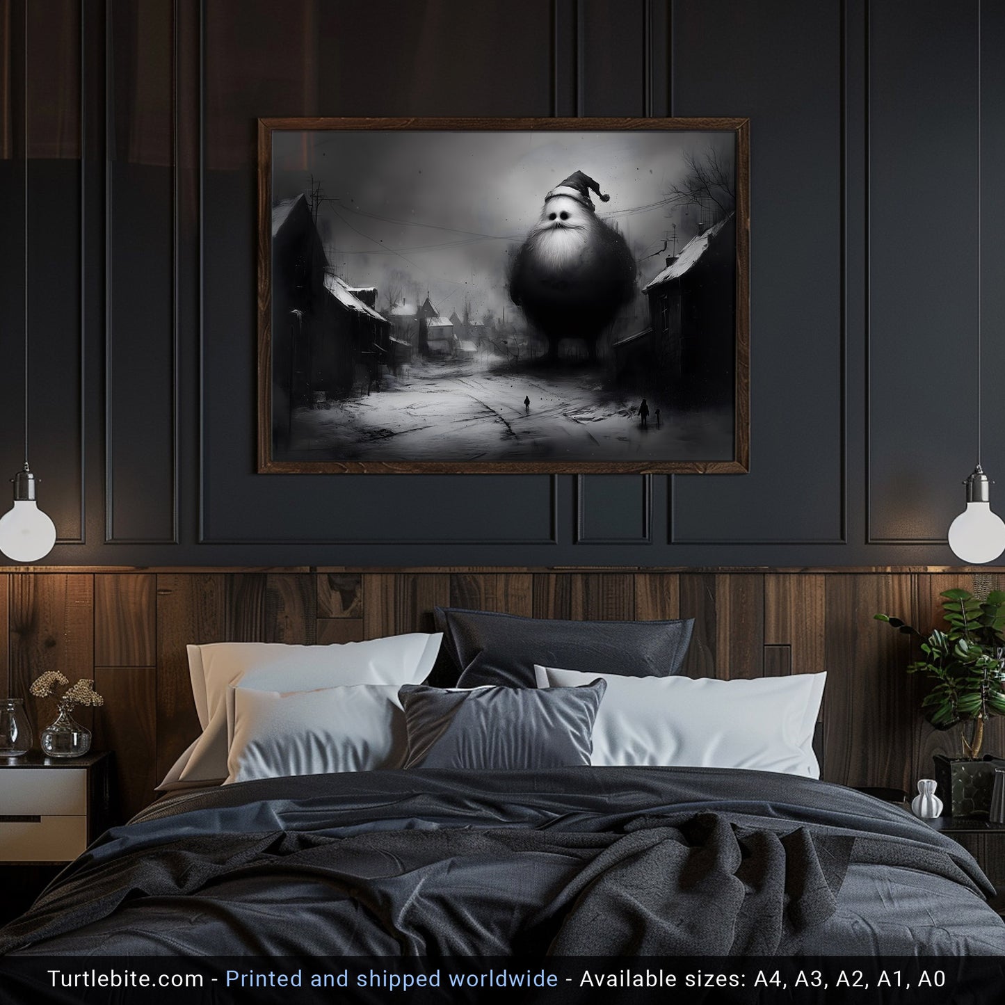 Lonely Santa Claus Illustration - Unique Melancholic Christmas Decor - Moody Black and White Painting Poster