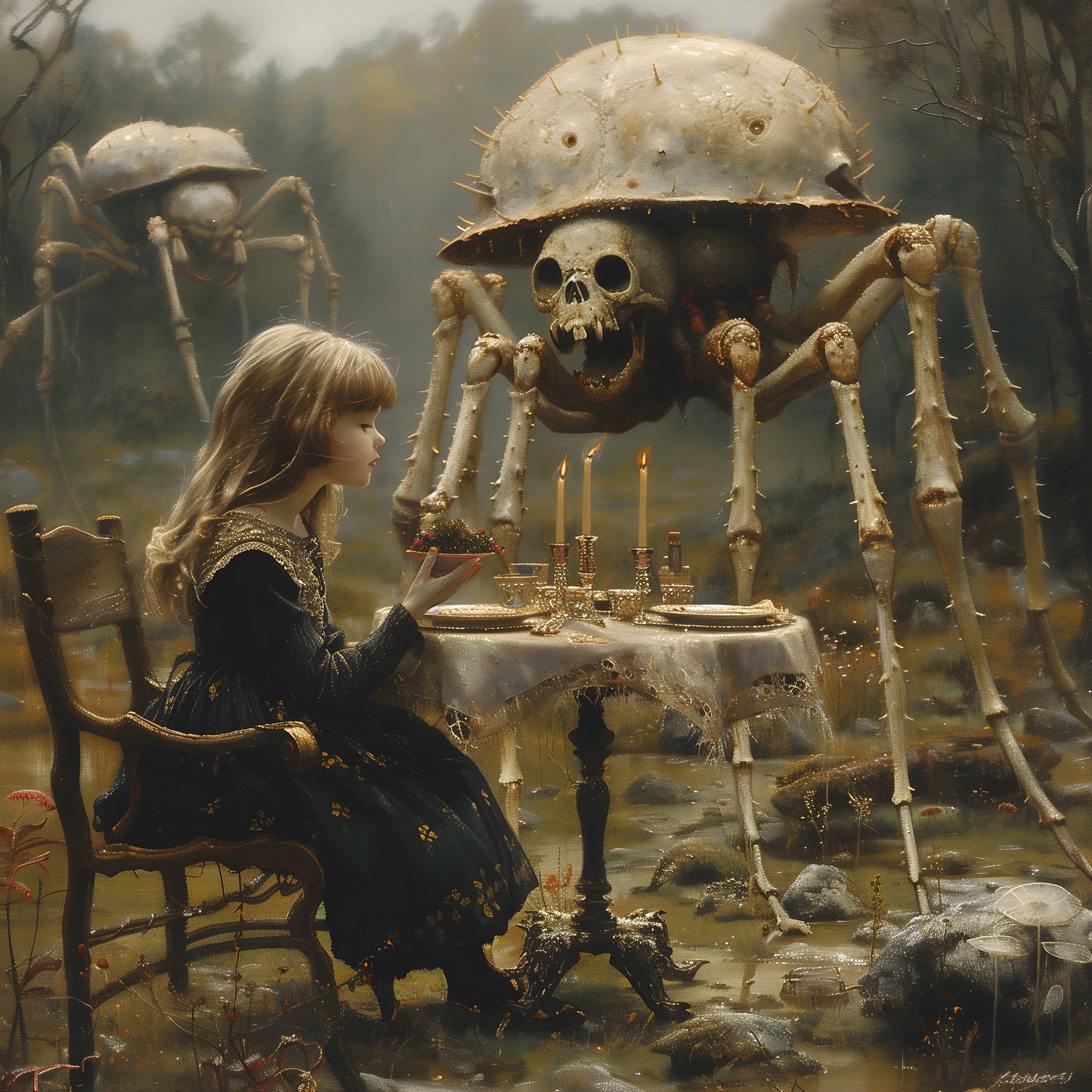 Macabre Poster of Little Girl having Dinner with Skeletal Spiders