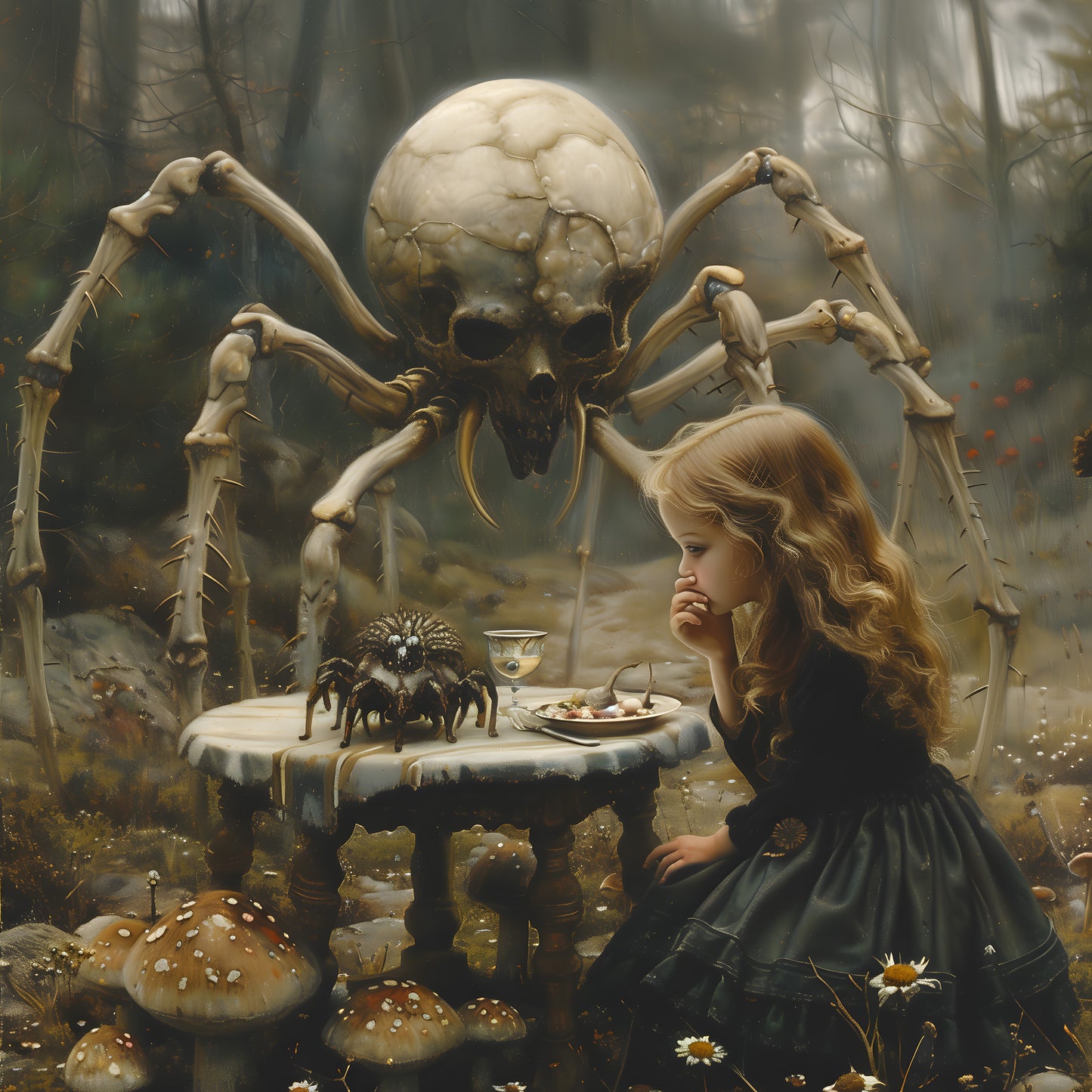 Macabre Poster of Little Girl having Dinner with Skeletal Spider