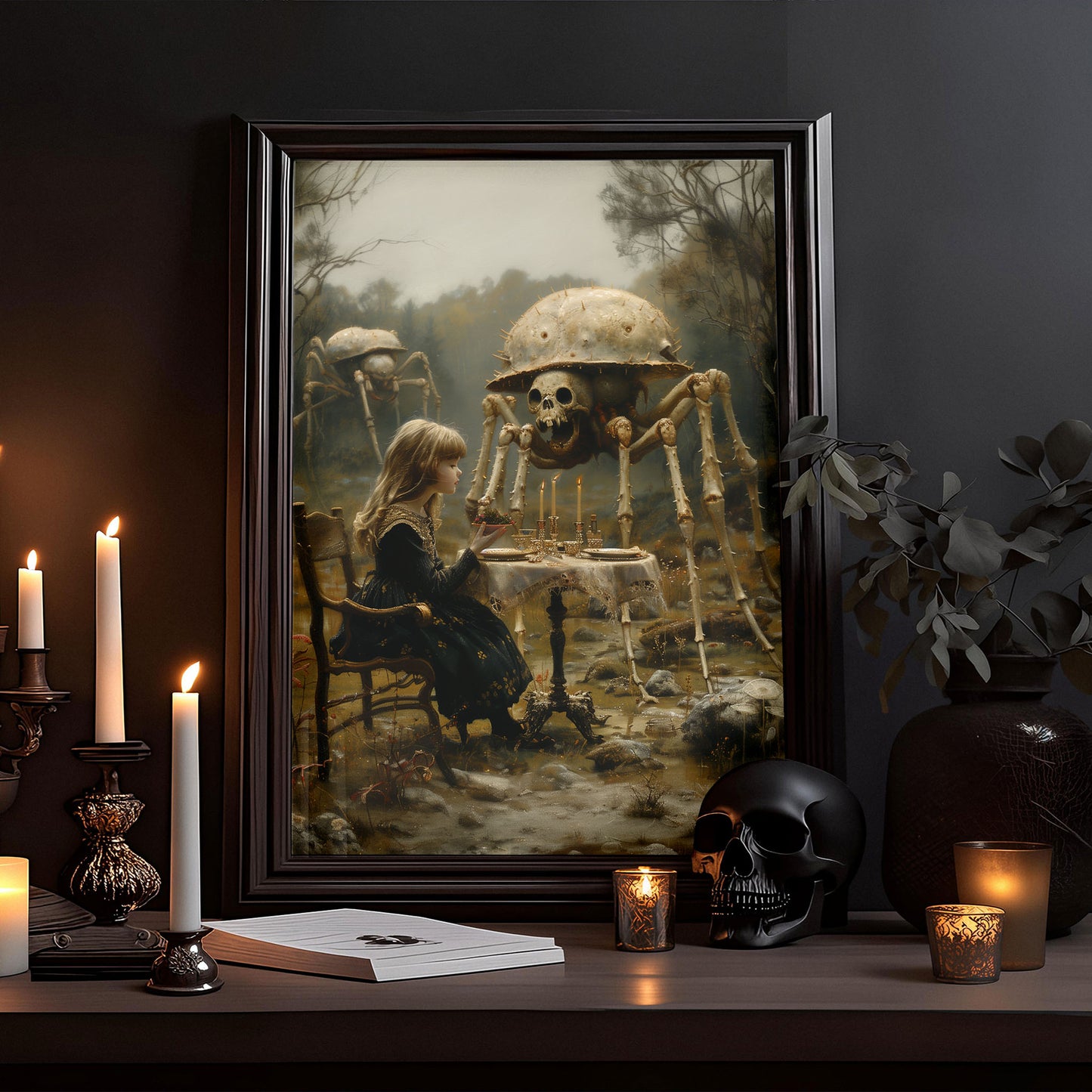 Macabre Poster of Little Girl having Dinner with Skeletal Spiders