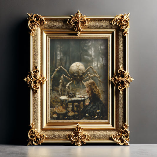 Macabre Poster of Little Girl having Dinner with Skeletal Spider