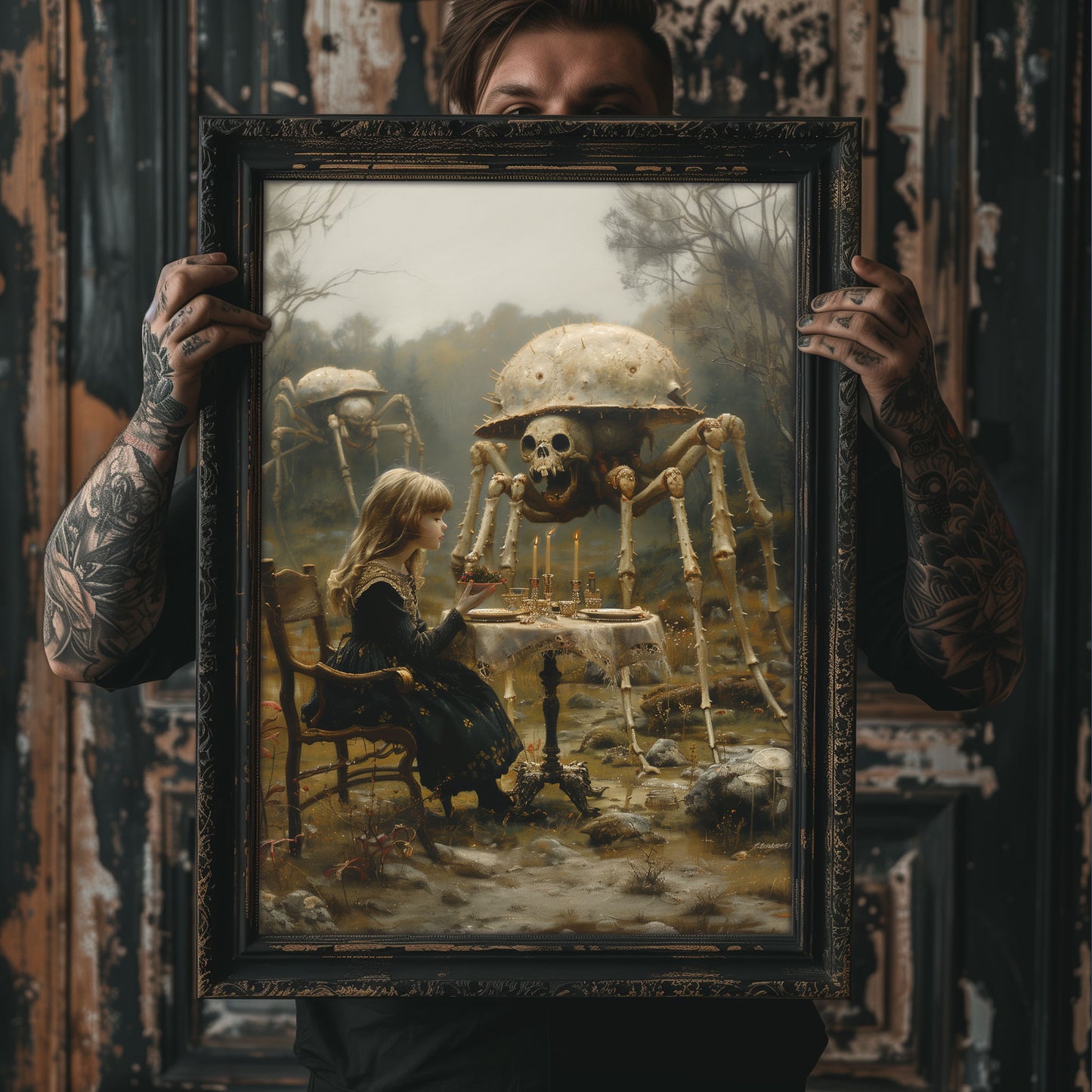 Macabre Poster of Little Girl having Dinner with Skeletal Spiders