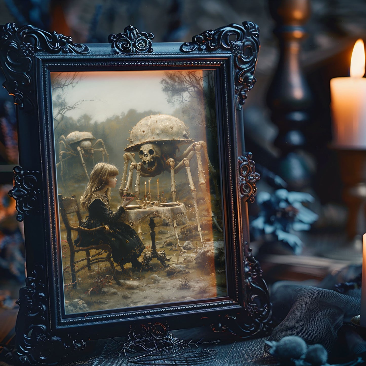 Macabre Poster of Little Girl having Dinner with Skeletal Spiders