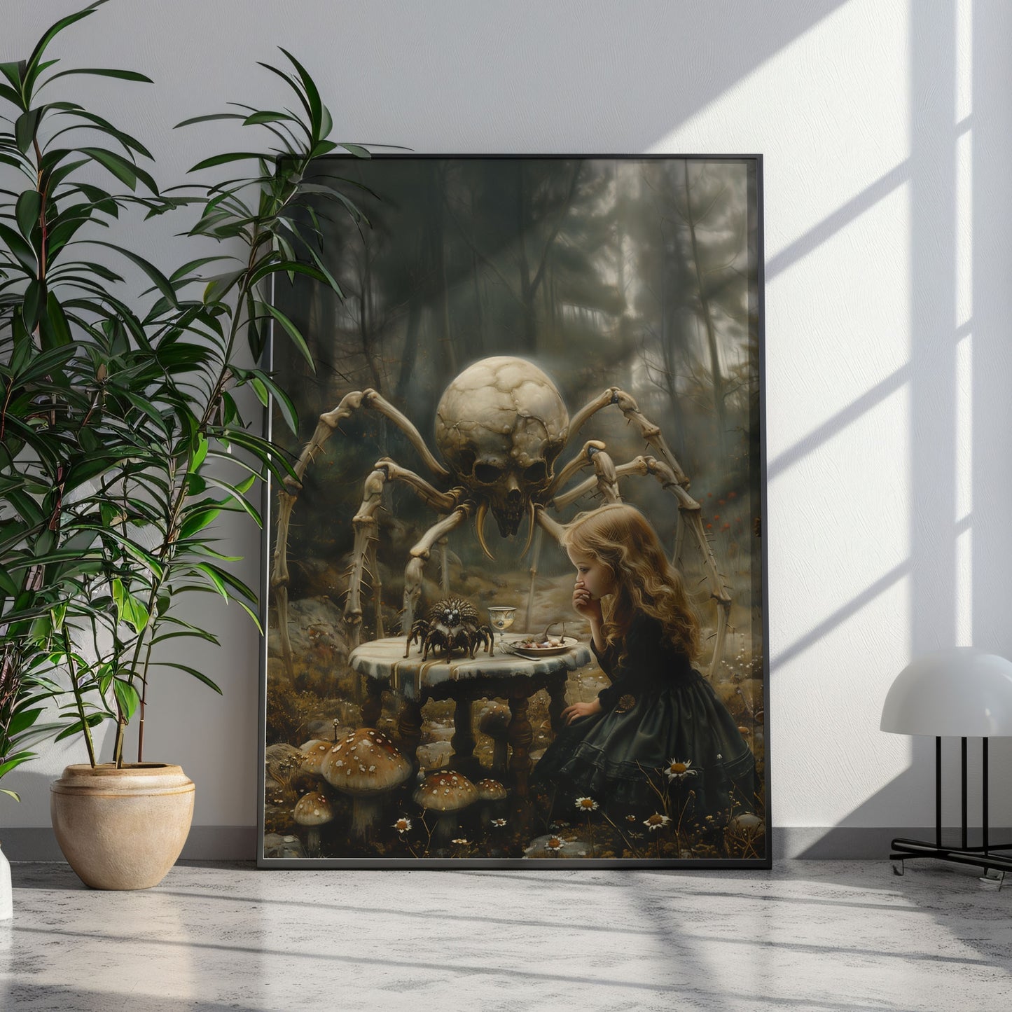 Macabre Poster of Little Girl having Dinner with Skeletal Spider