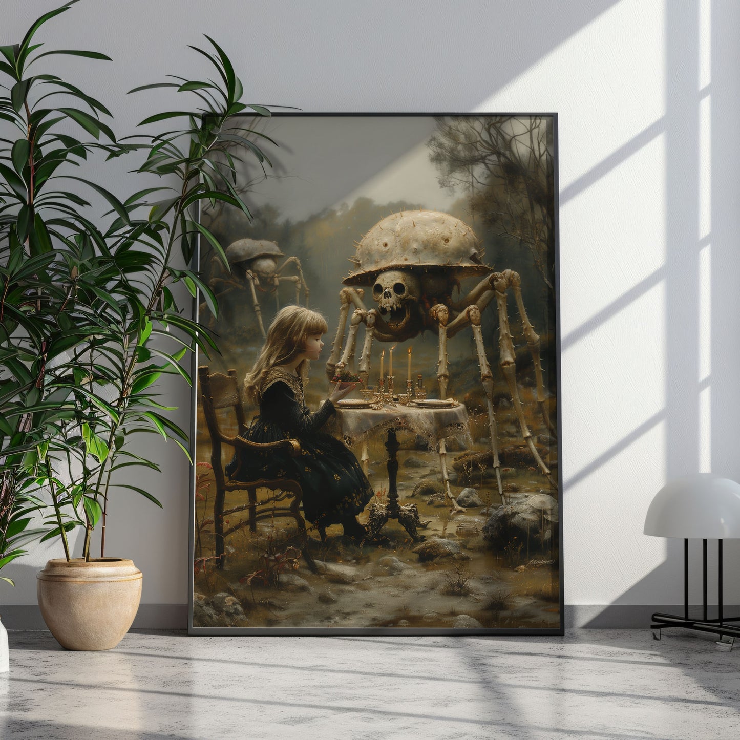 Macabre Poster of Little Girl having Dinner with Skeletal Spiders