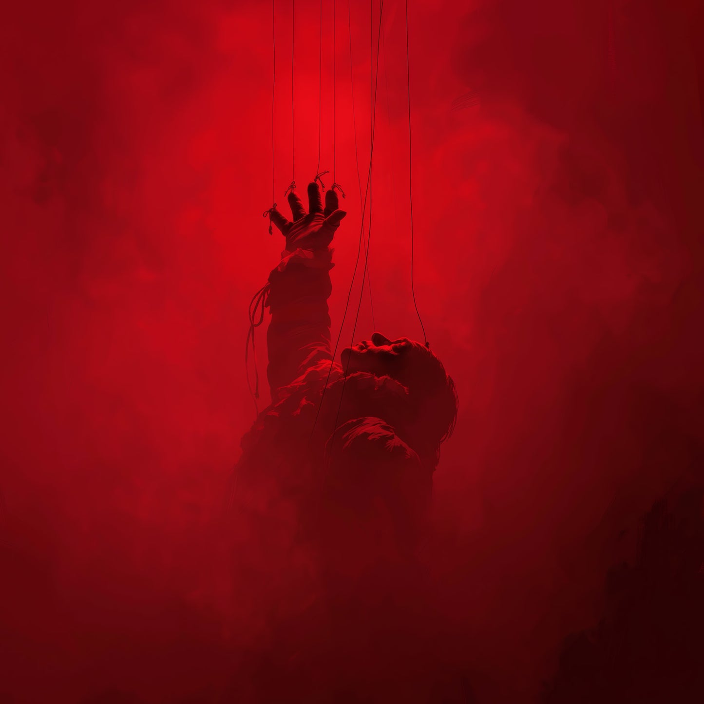 Marionette poster showing a red silhouette figure reaching upward through crimson smoke