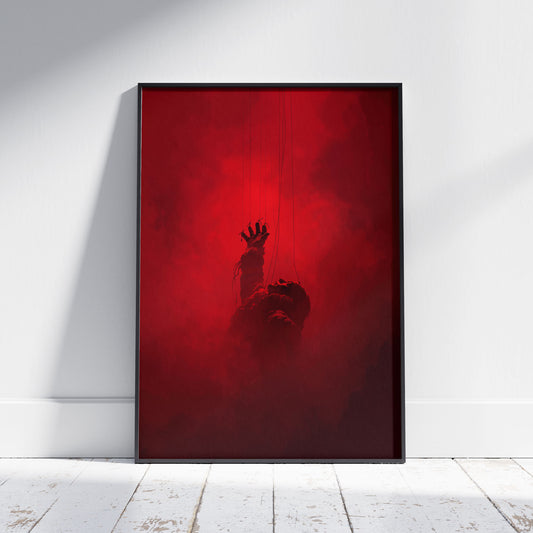 Marionette poster showing a red silhouette figure reaching upward through crimson smoke