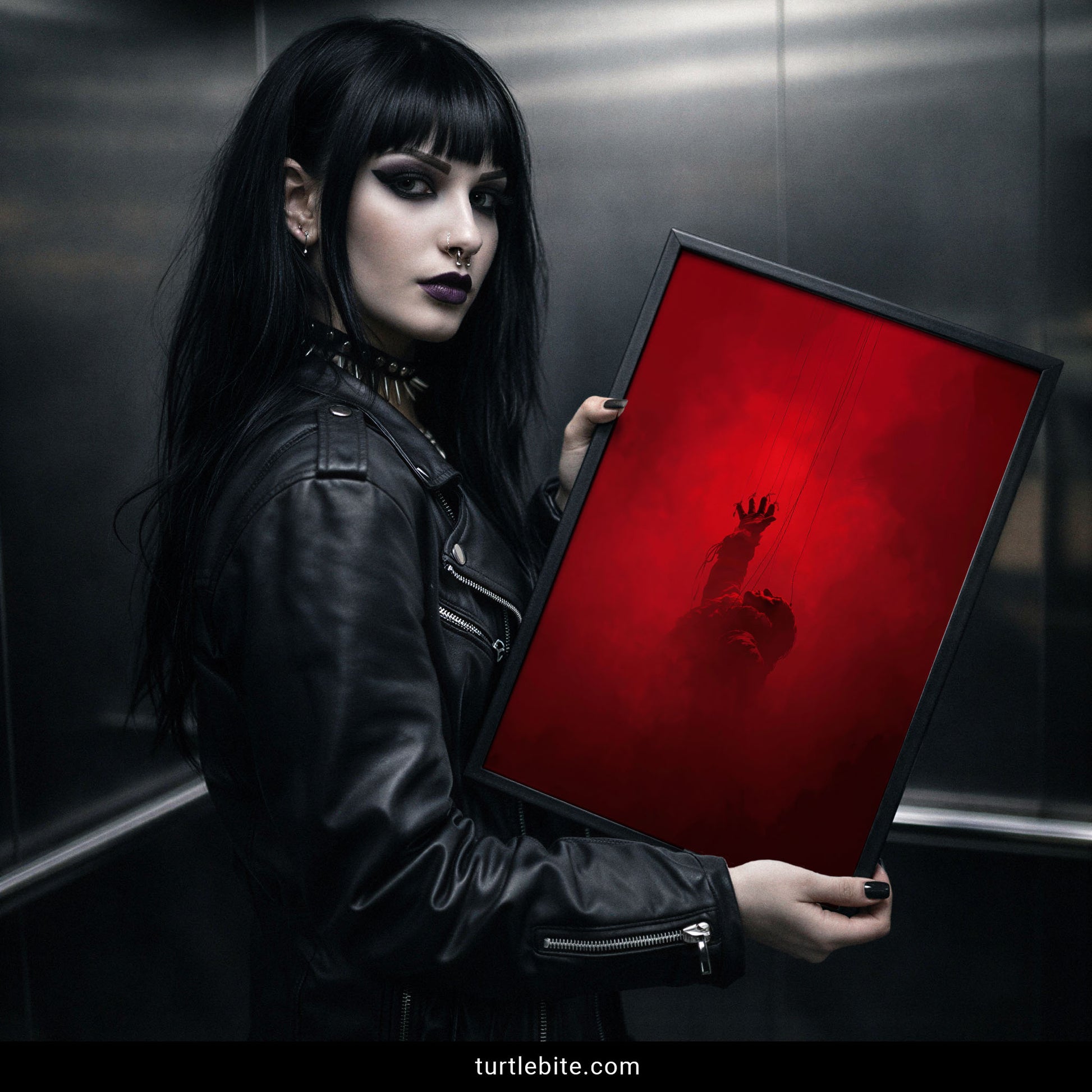 A gothic woman with long black hair and dark makeup holds a framed art print featuring a dark red background with a shadowy hand reaching up. She is wearing a black leather jacket and standing in a metallic elevator.