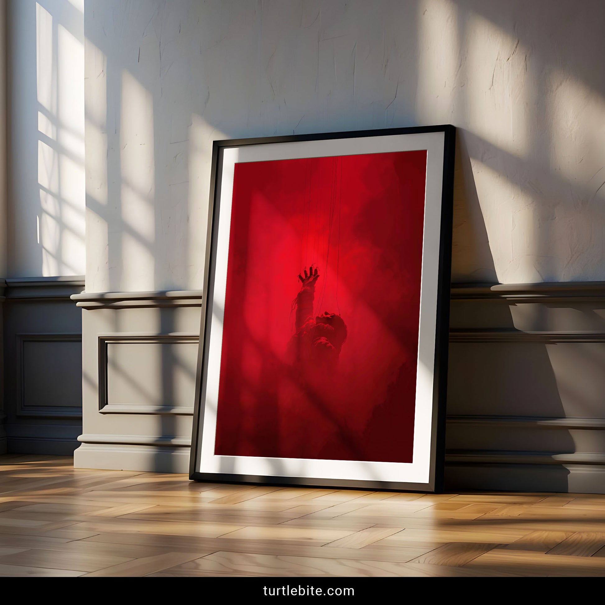 Creepy home decor mockup of the crimson marionette poster framed on a wall