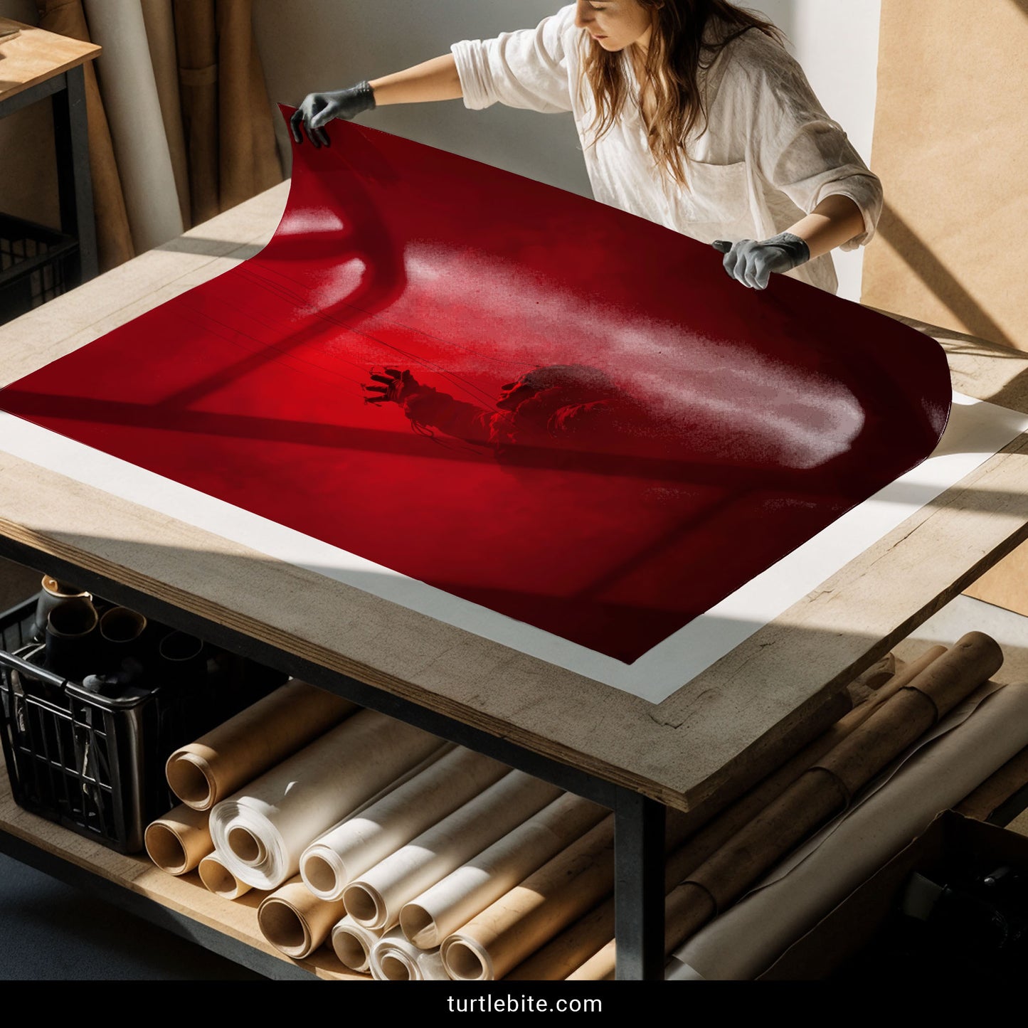 A person in a white shirt and gloves is handling a large red printed sheet or poster on a wooden worktable in a studio or workshop. Rolled print materials are stacked underneath, and a black bar at the bottom shows the text turtlebite.