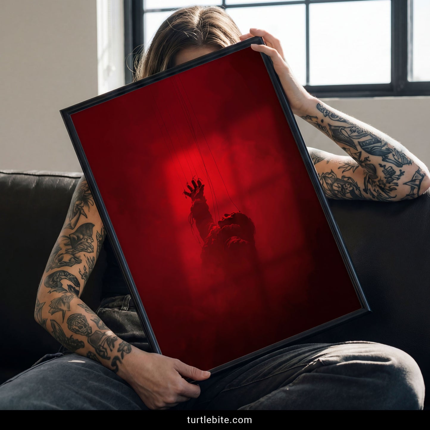 Creepy home decor mockup of the crimson marionette poster framed on a wall
