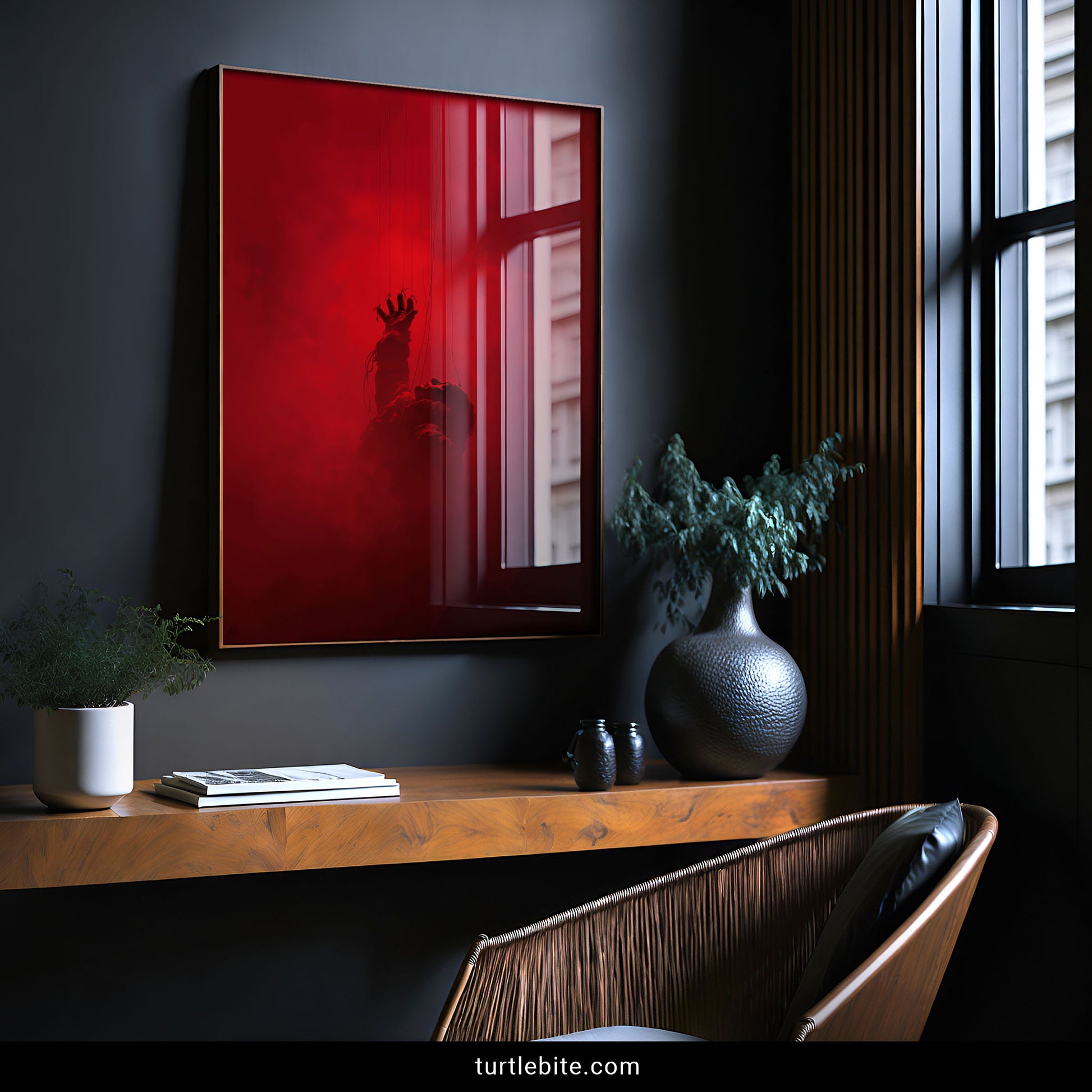 Gothic wall art print of a marionette's head tilted back in blood-red fog