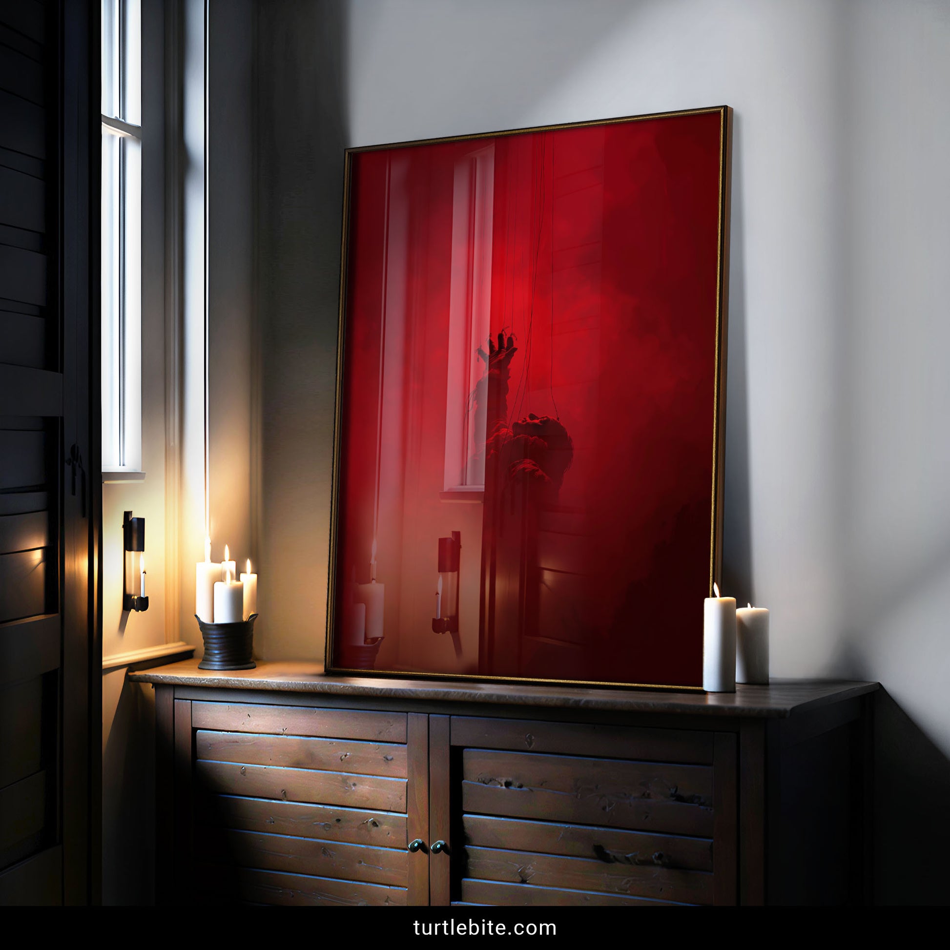 Eerie puppet strings and silhouette detail from the red smoke gothic print