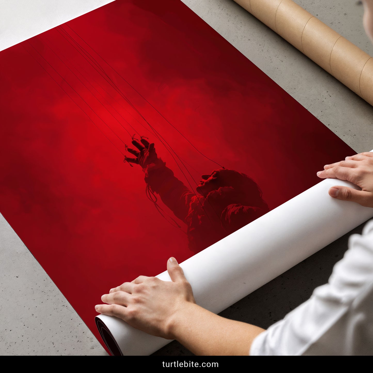 Gothic wall art print of a marionette's head tilted back in blood-red fog