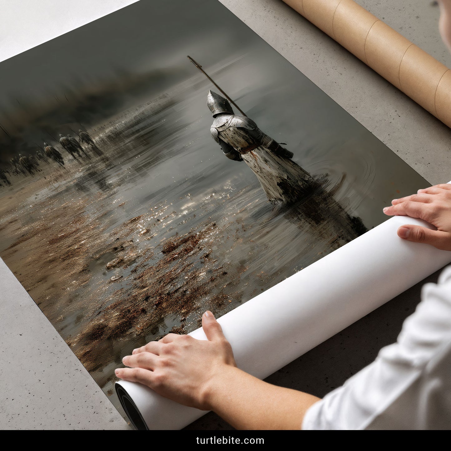 Atmospheric knight painting showing aftermath of battle with haunting mist and reflection