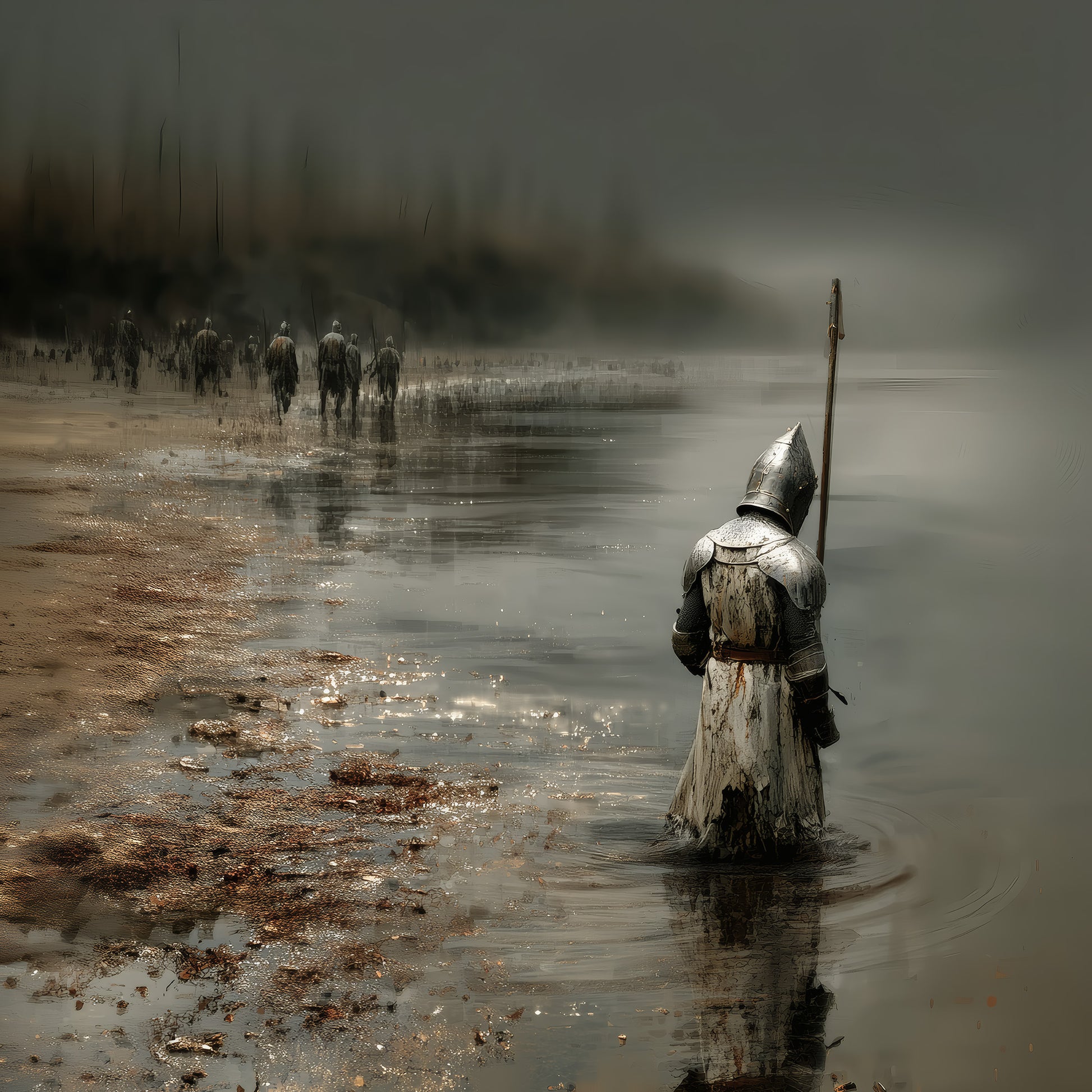 Medieval knight in armor standing in misty water watching ghostly army retreat into darkness