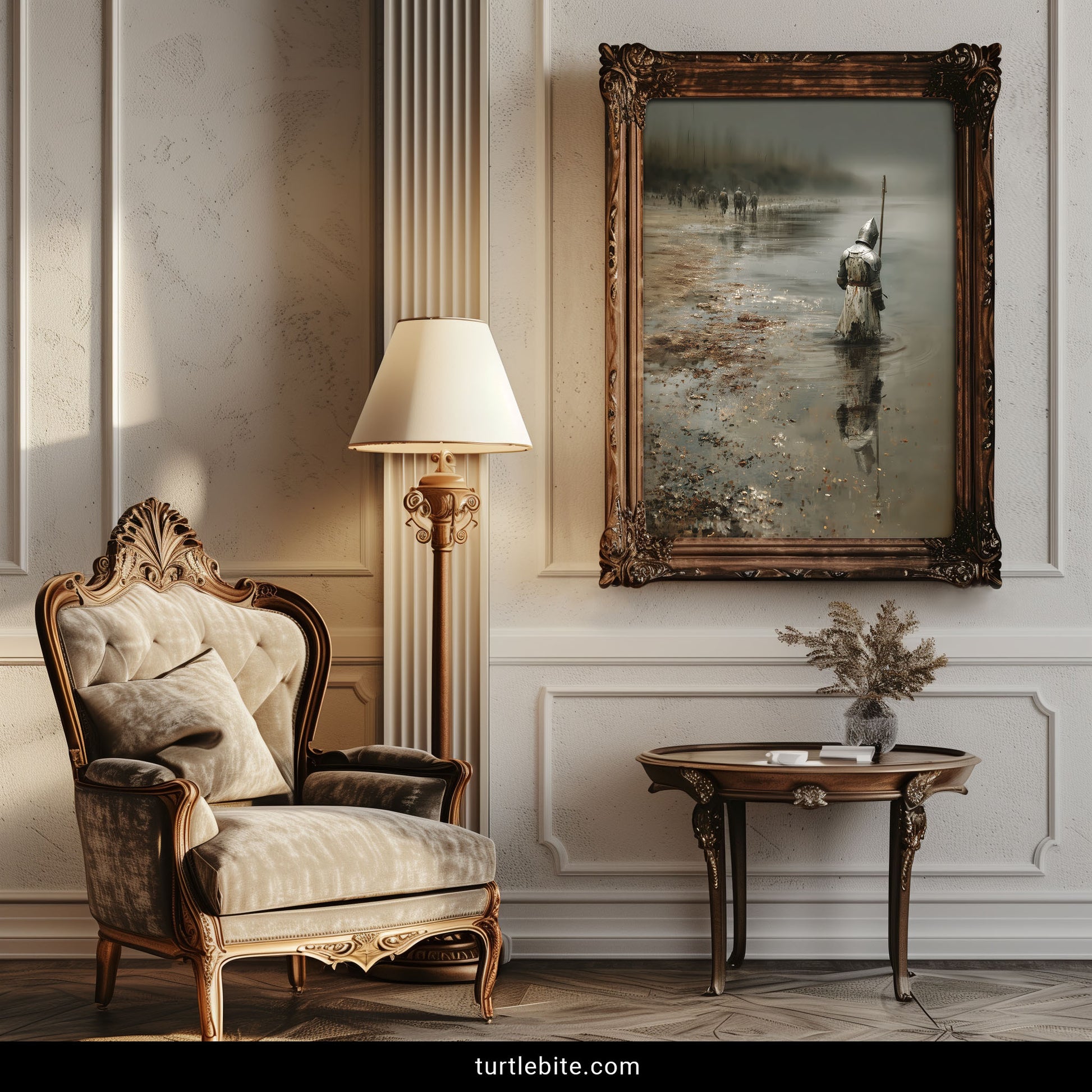 Dark fantasy artwork showing solitary warrior after epic battle scene with atmospheric fog