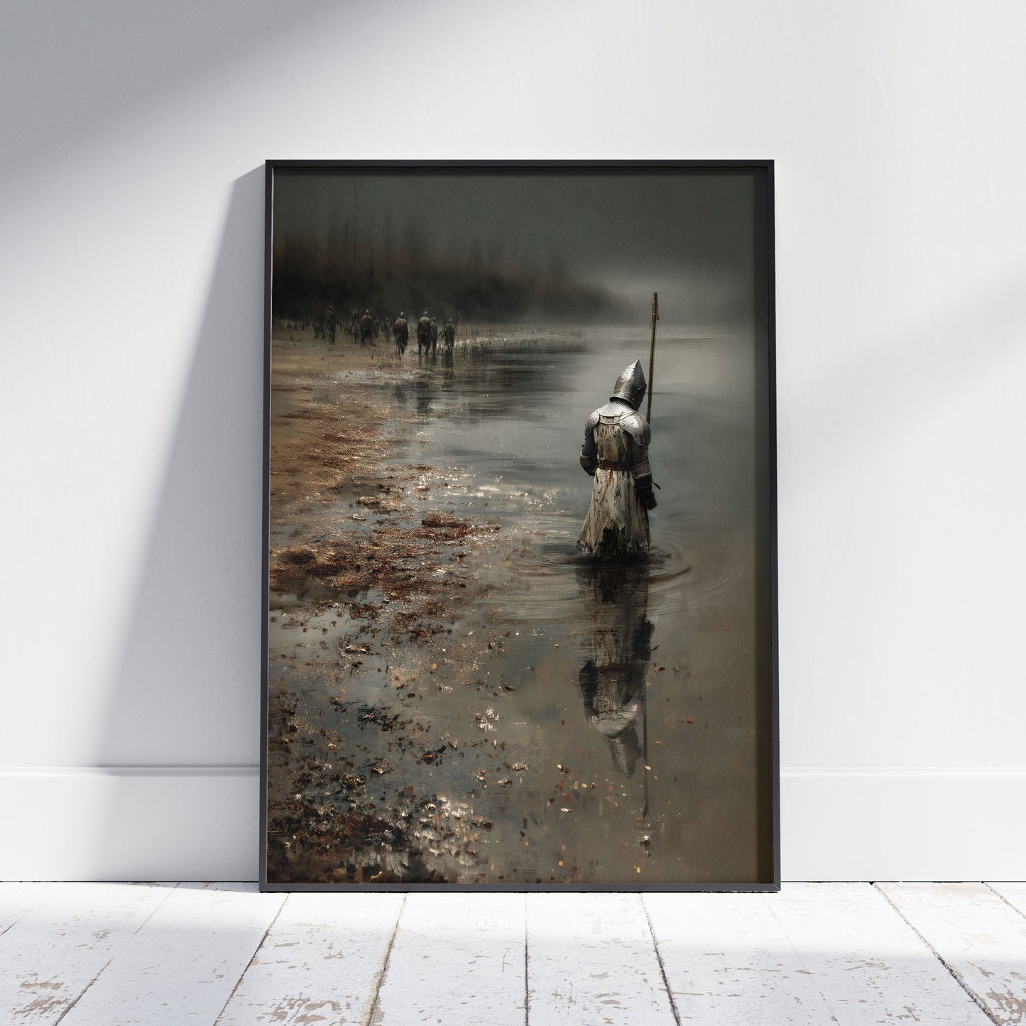 Medieval knight in armor standing in misty water watching ghostly army retreat into darkness