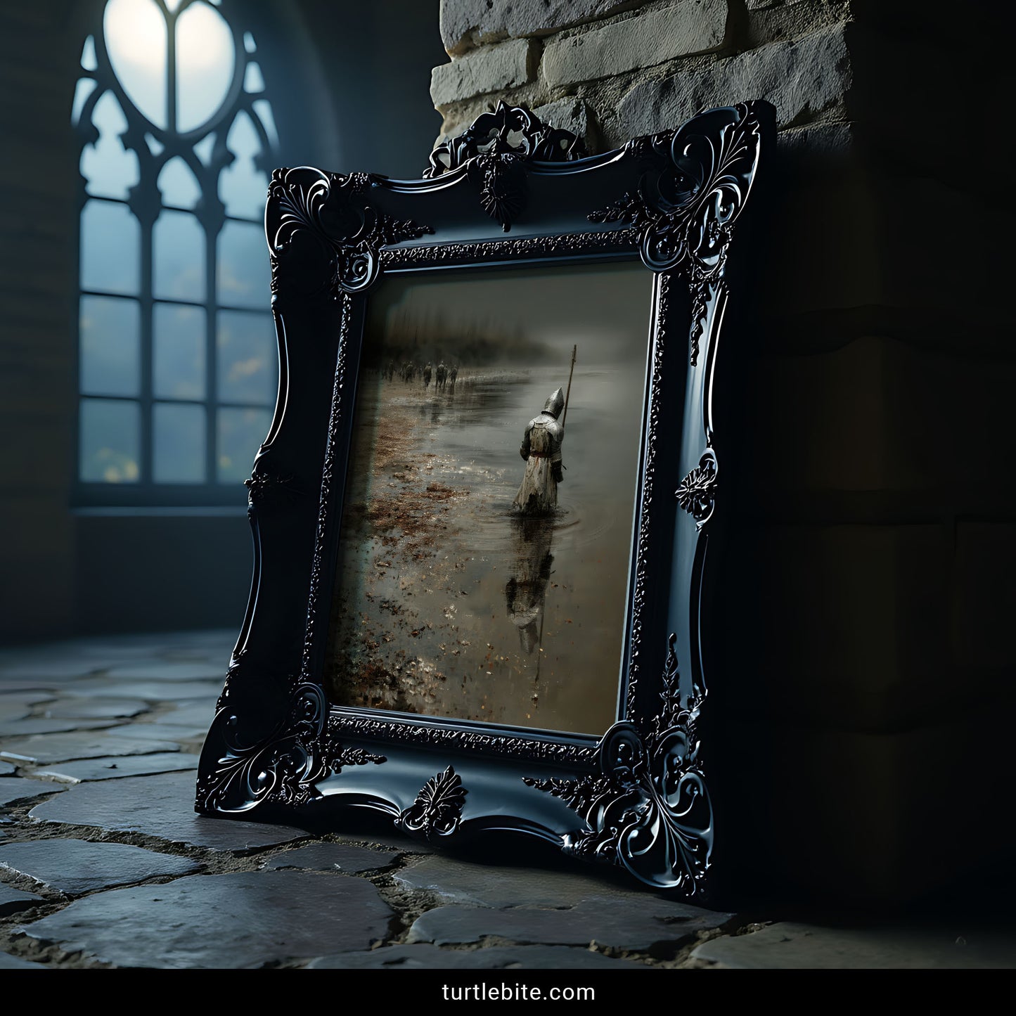 Gothic knight poster featuring armored figure in contemplative stance on desolate battlefield