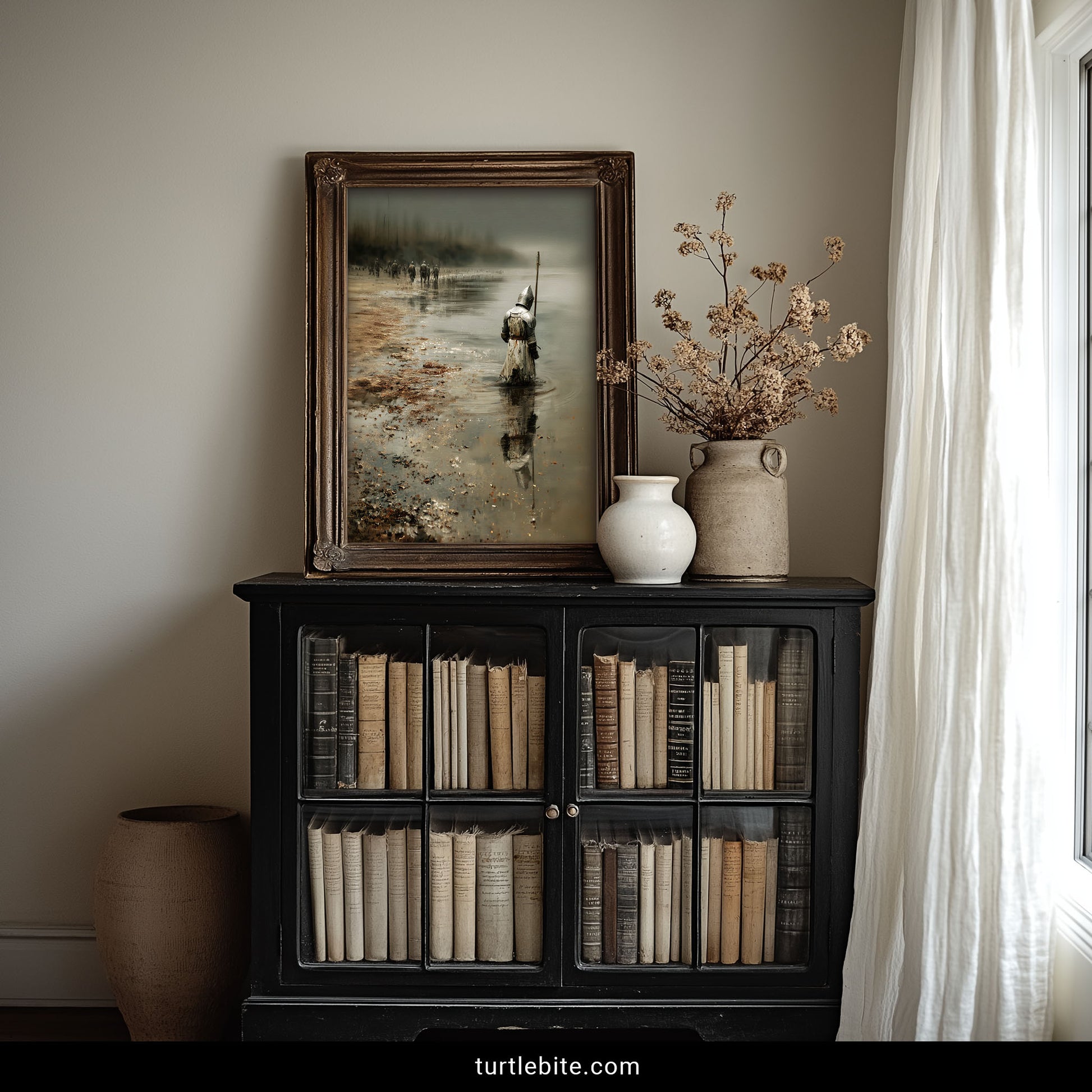 Moody medieval warrior art print with misty horizon and ethereal retreating soldiers