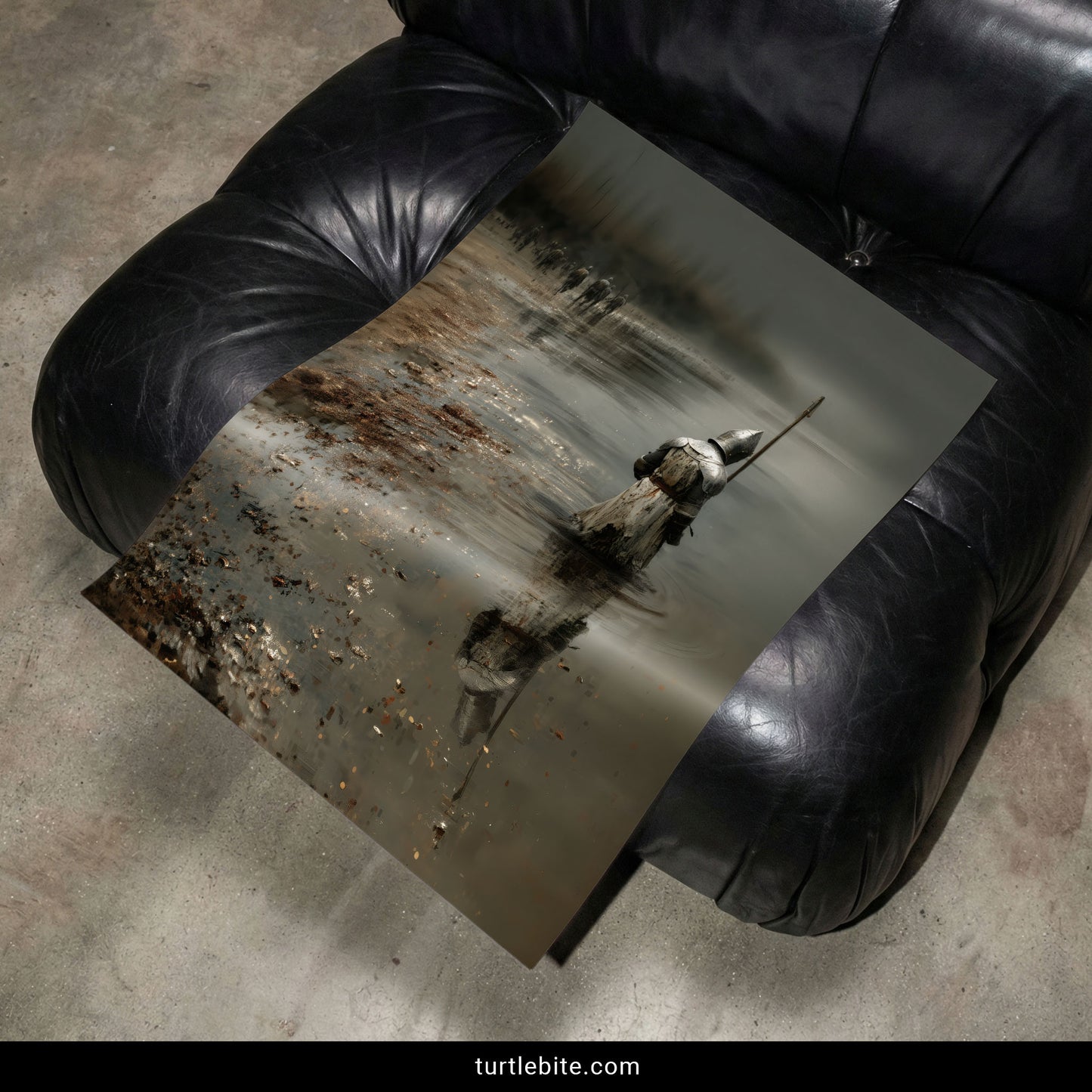 Moody medieval warrior art print with misty horizon and ethereal retreating soldiers