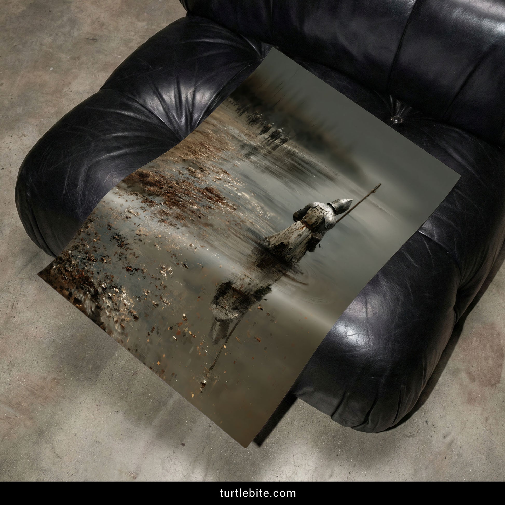 Moody medieval warrior art print with misty horizon and ethereal retreating soldiers