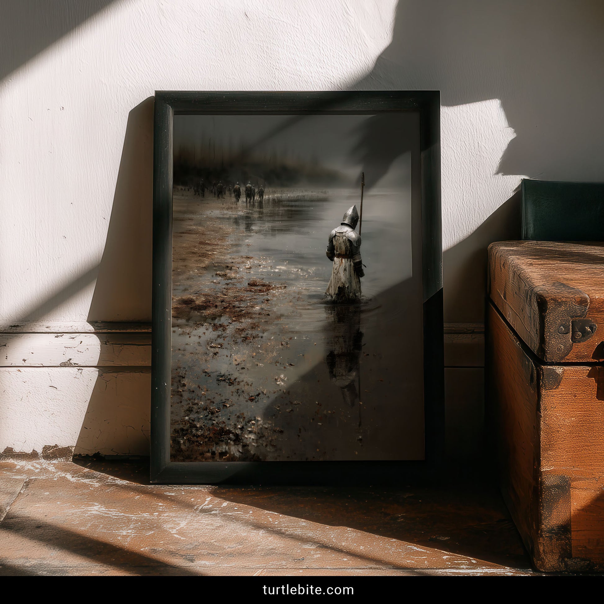 Gothic knight poster featuring armored figure in contemplative stance on desolate battlefield