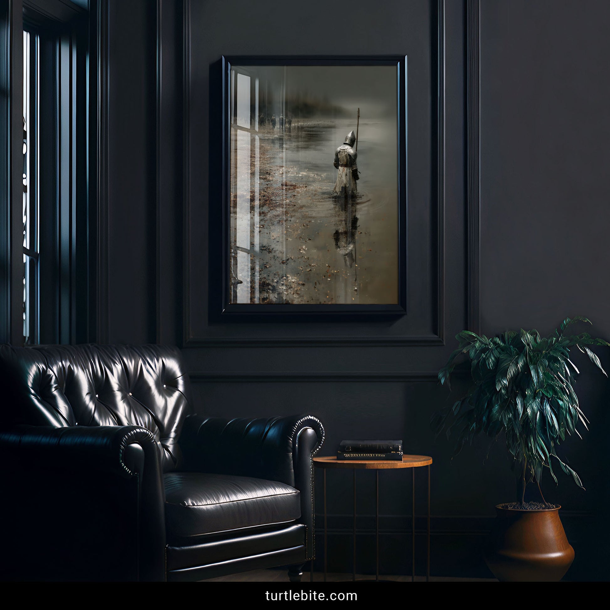 Dark fantasy artwork showing solitary warrior after epic battle scene with atmospheric fog