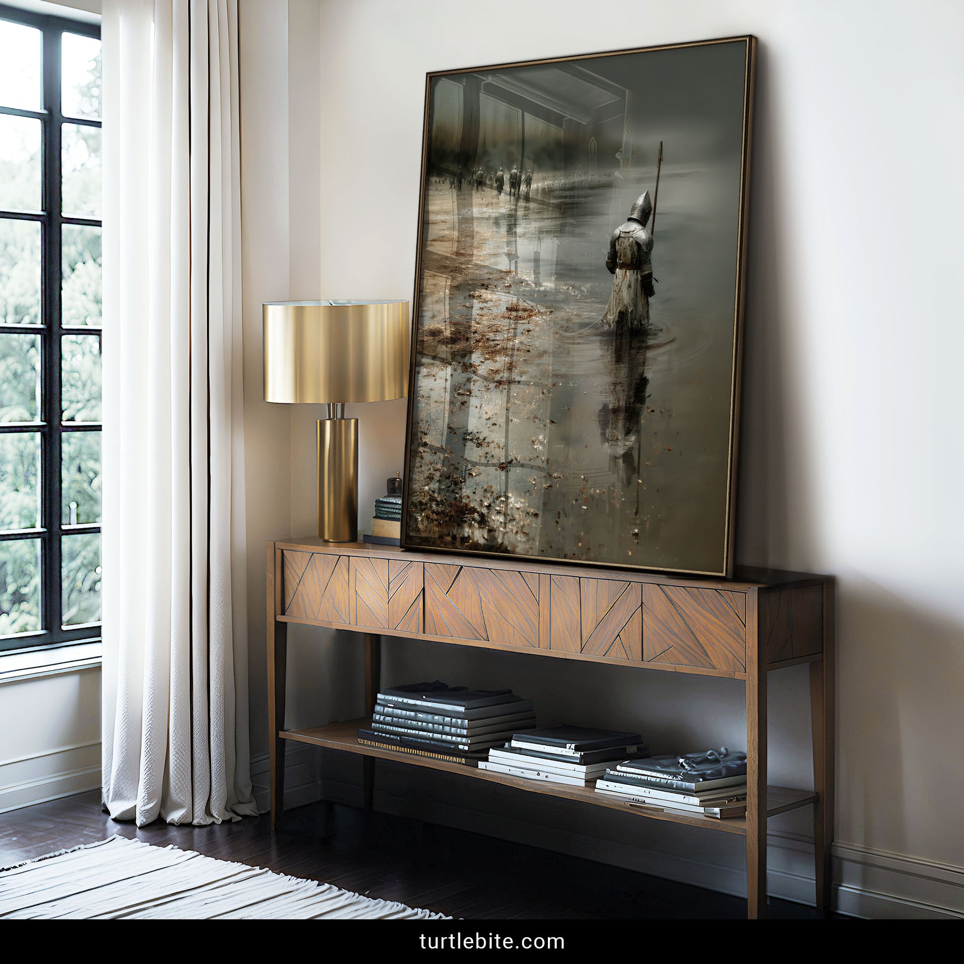 Gothic knight poster featuring armored figure in contemplative stance on desolate battlefield