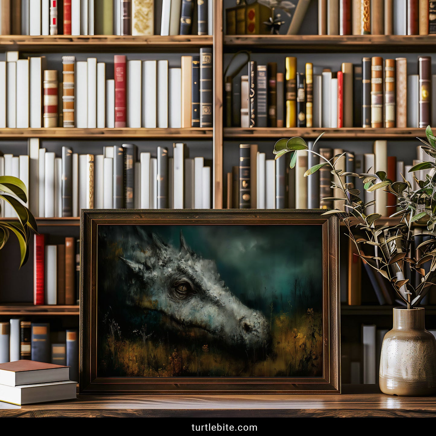 Sad dragon creature art with emotional expression and autumn grasses wall decor