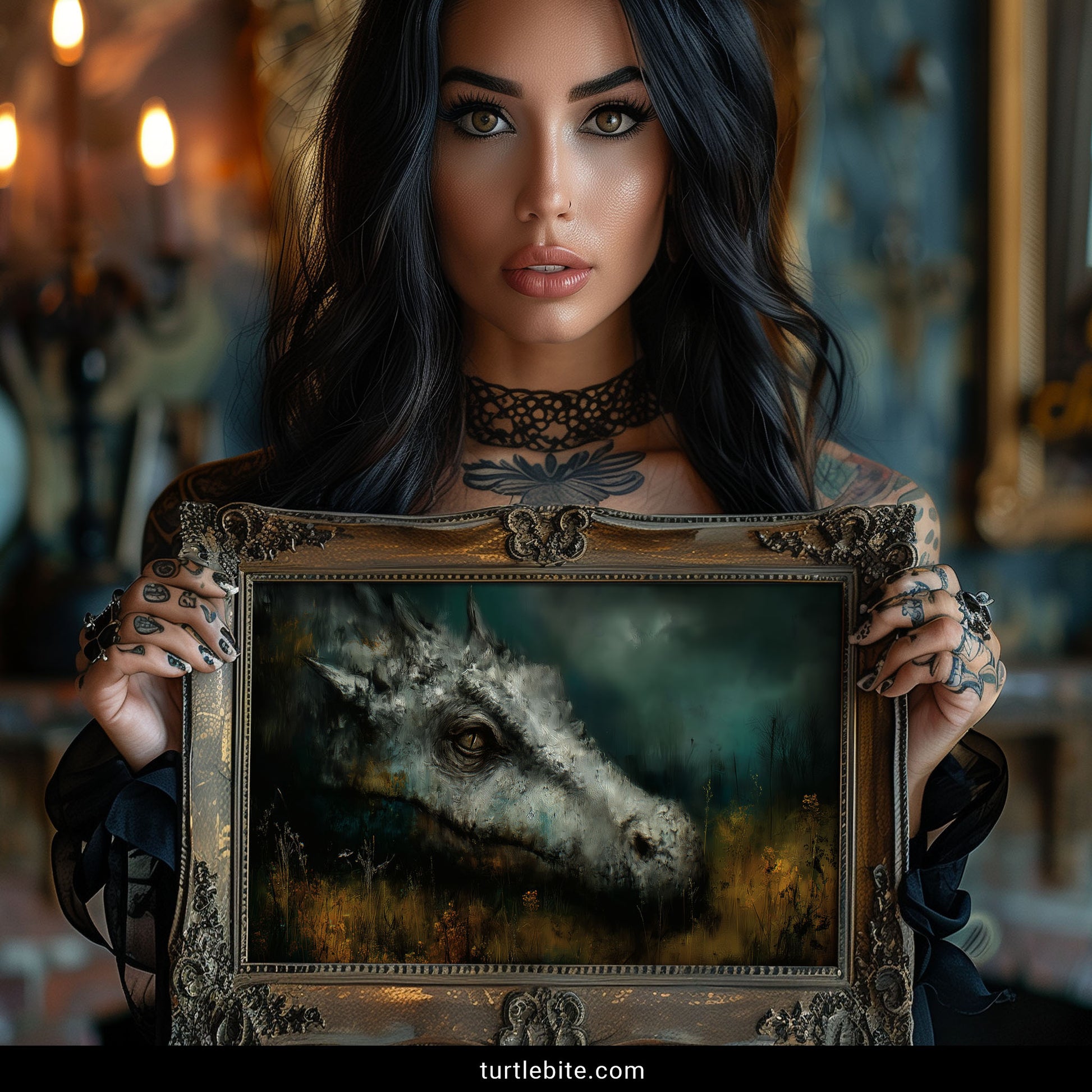 Moody atmospheric dragon print with textured brushstrokes for gothic home