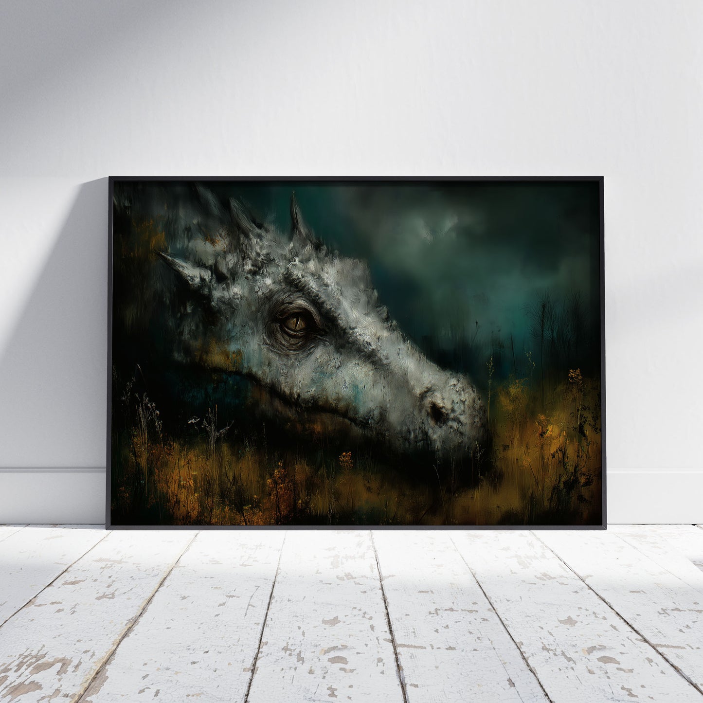 Melancholic dragon art print with golden eye in moody teal atmospheric background