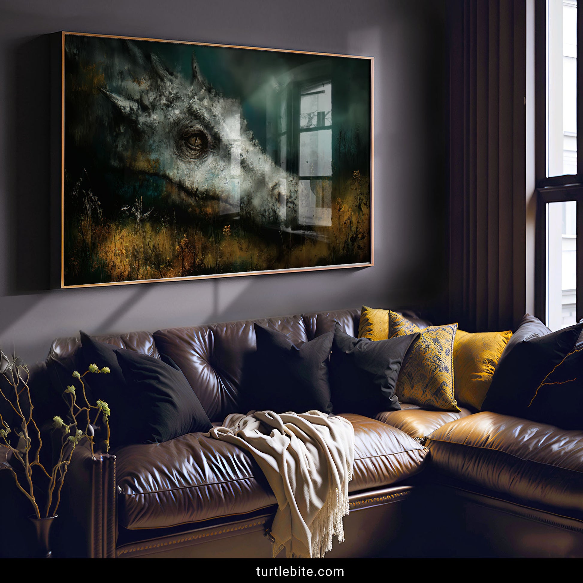 Dark fantasy poster featuring weathered dragon portrait in painterly gothic style