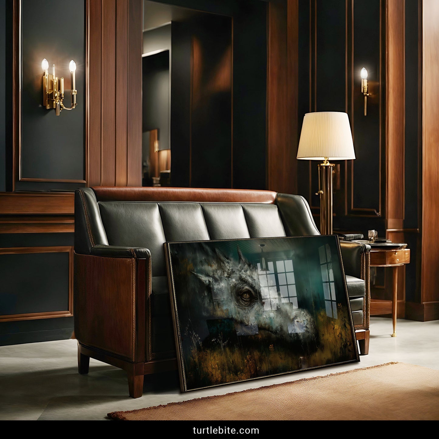 Fantasy creature wall art showing aged dragon in contemplative melancholic pose