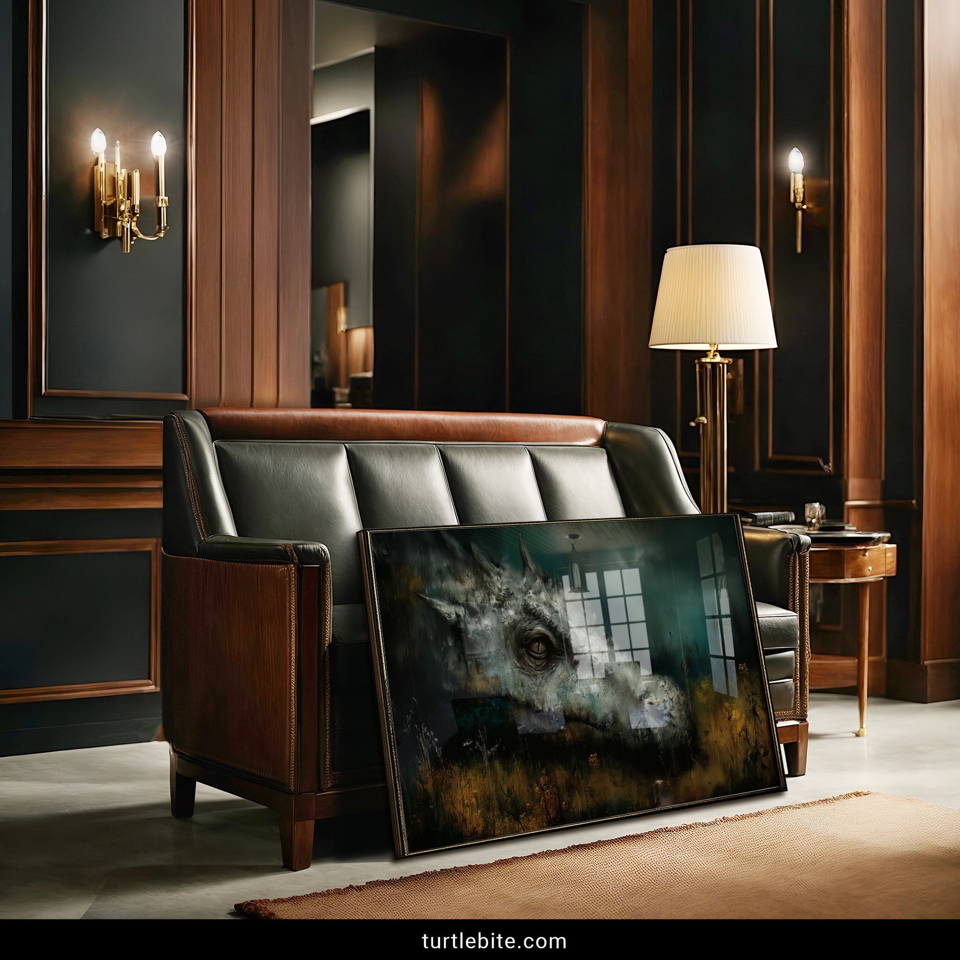 Fantasy creature wall art showing aged dragon in contemplative melancholic pose