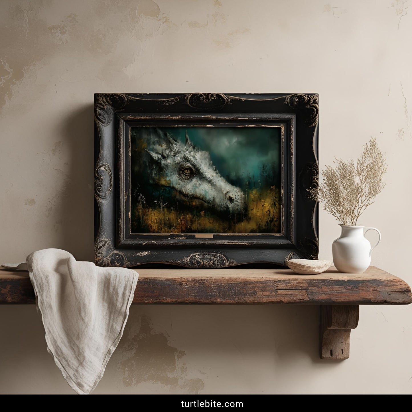 Dark fantasy poster featuring weathered dragon portrait in painterly gothic style