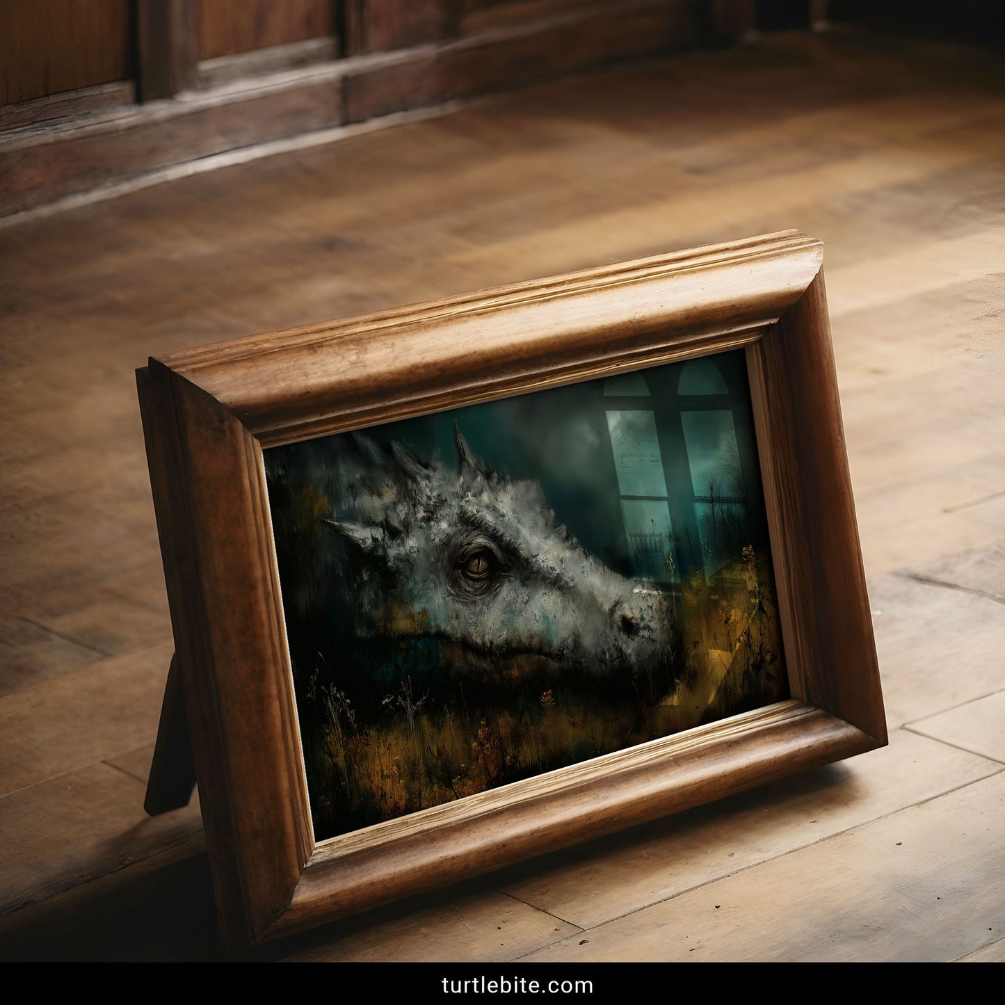 Fantasy creature wall art showing aged dragon in contemplative melancholic pose