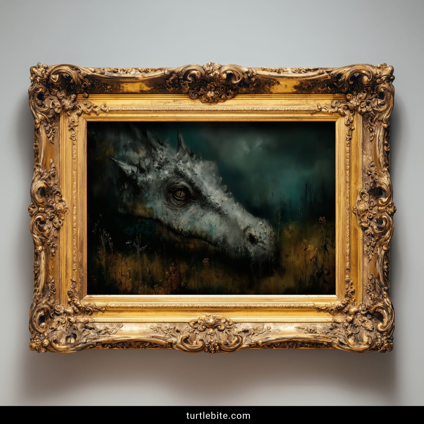 Sad dragon creature art with emotional expression and autumn grasses wall decor