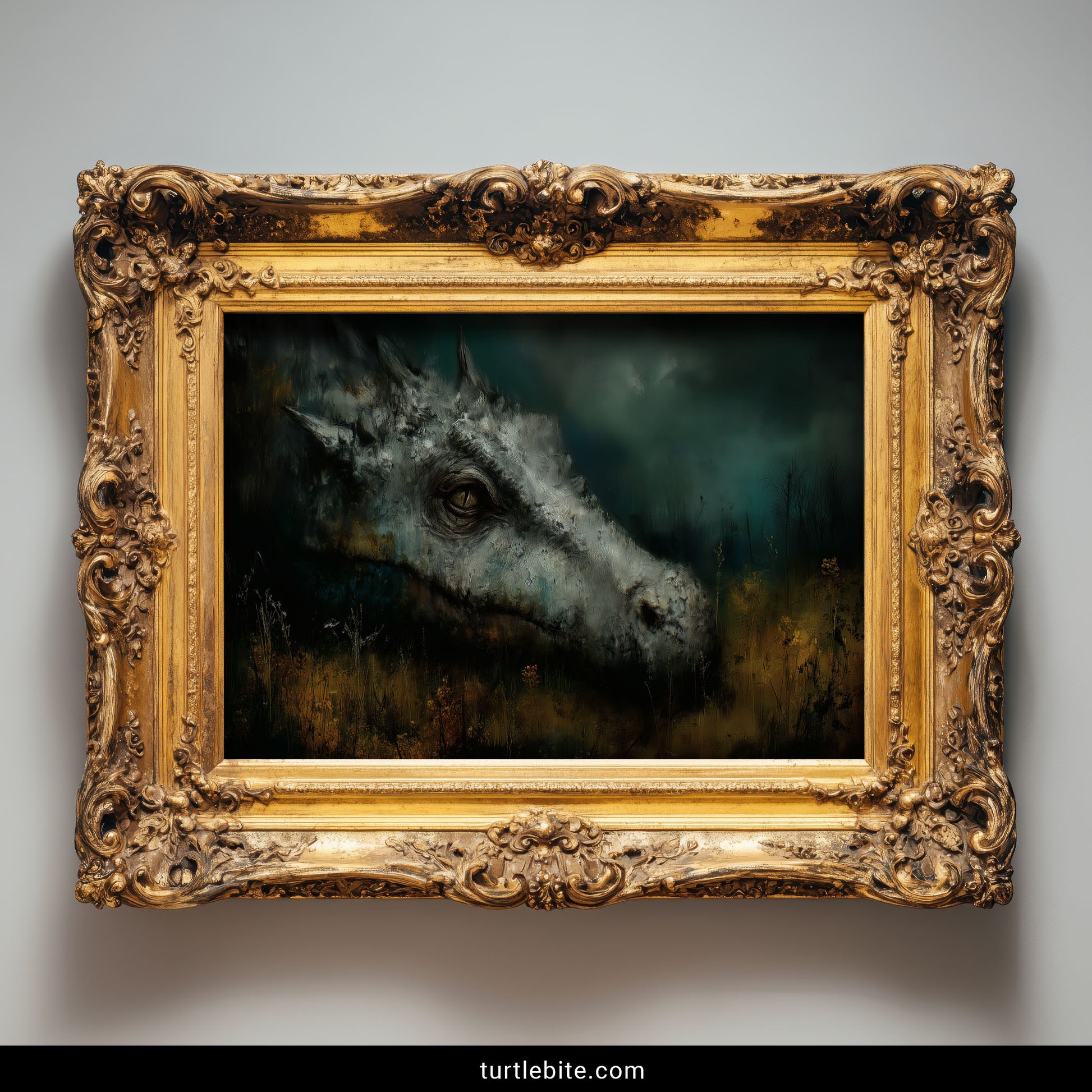Sad dragon creature art with emotional expression and autumn grasses wall decor