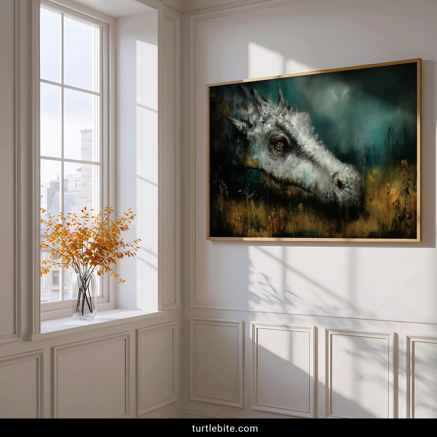 Moody atmospheric dragon print with textured brushstrokes for gothic home