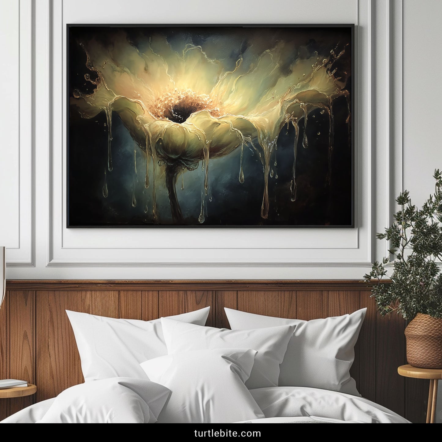 Eerie melting flower painting print with golden liquid petals flowing downward dark surreal botanical art