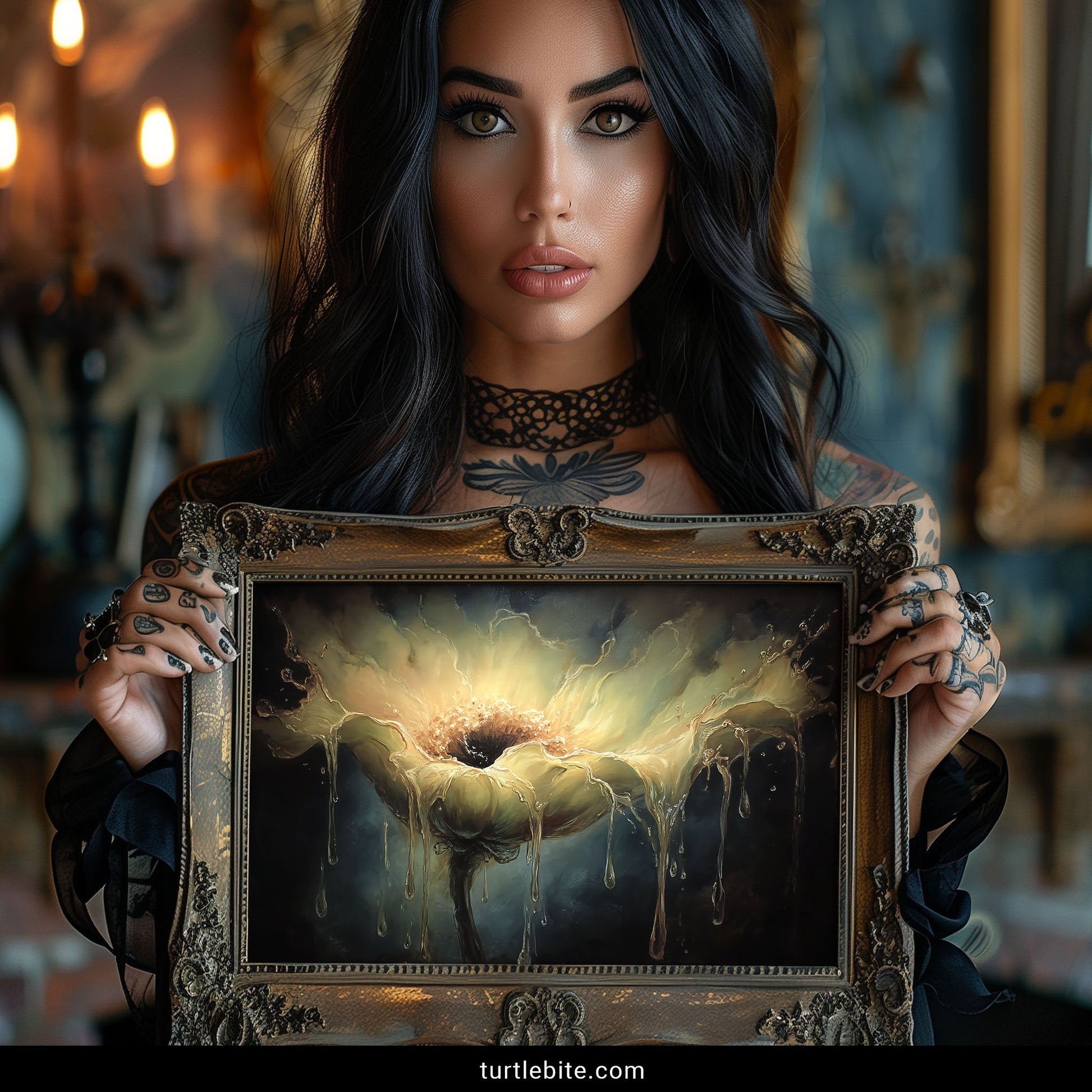 Macabre floral art showing decay transformation with dripping petals and radiant center alternative home decor