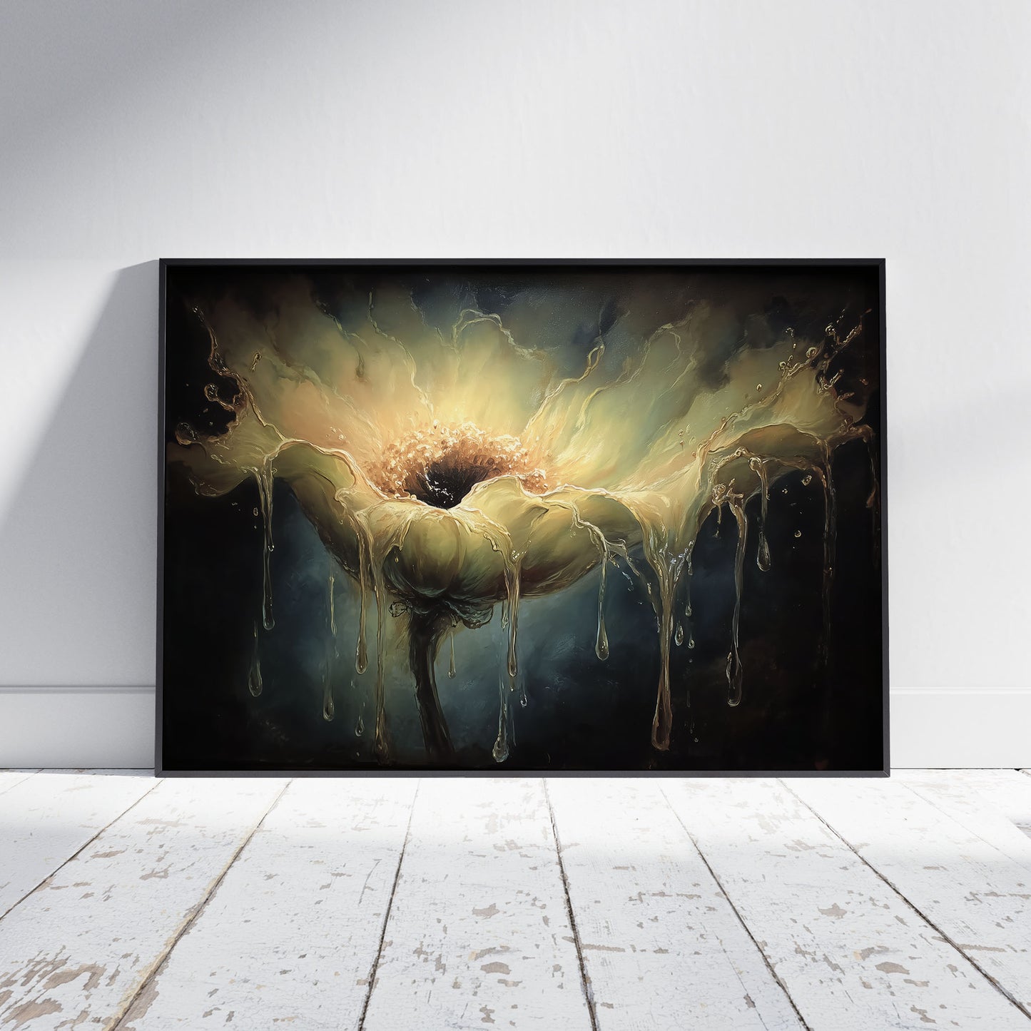 Surreal melting flower art print with dripping golden petals and dark luminous center on moody background