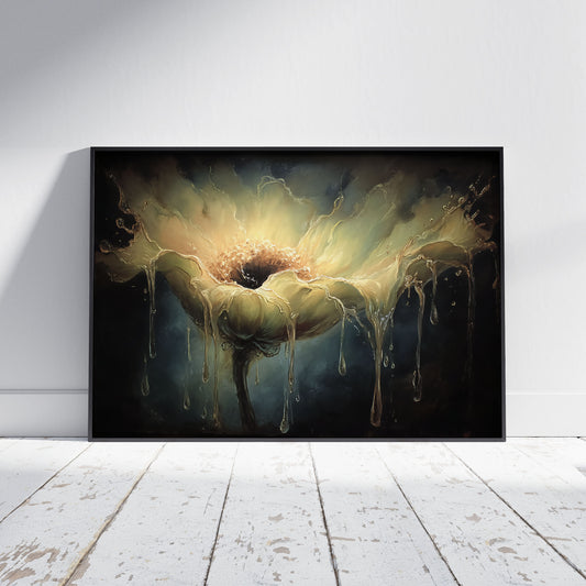 Surreal melting flower art print with dripping golden petals and dark luminous center on moody background