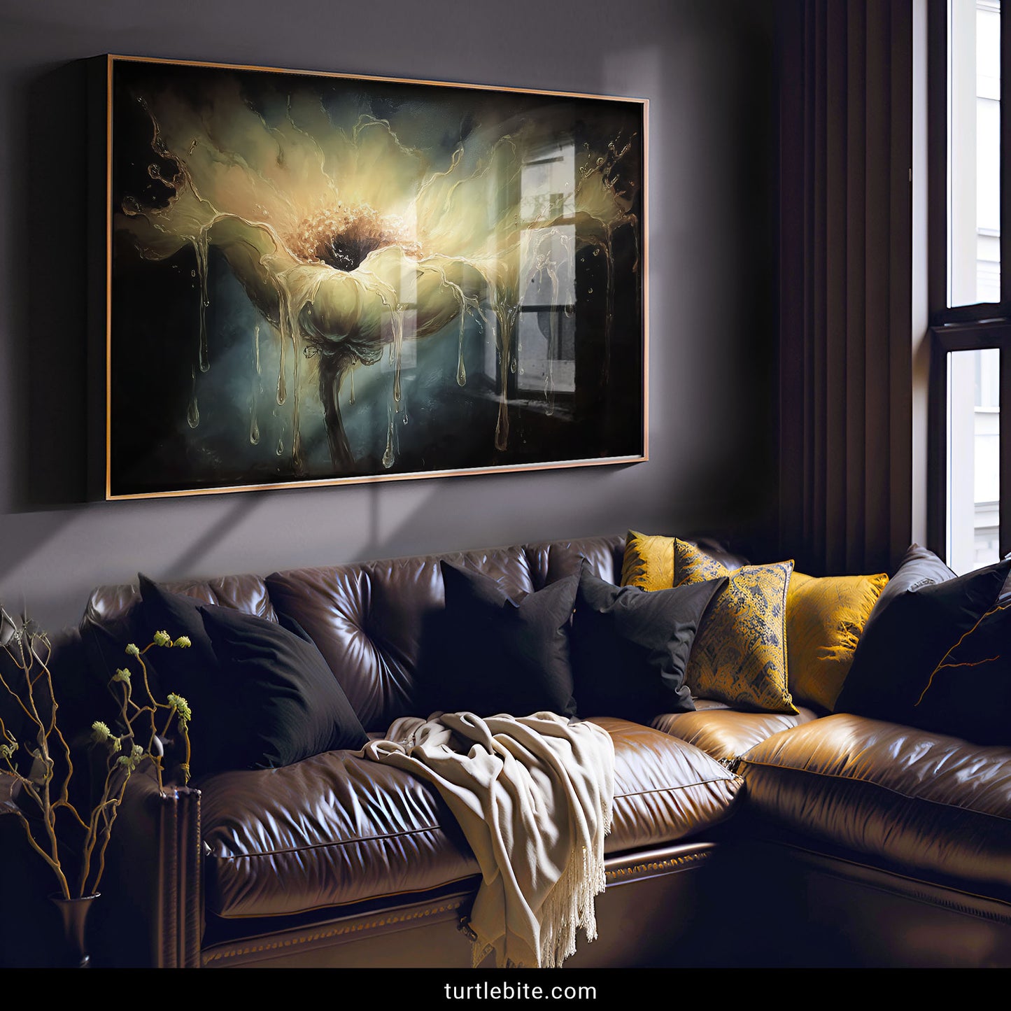 Dark botanical poster featuring liquid flower with glowing core dissolving into ethereal drips gothic wall decor
