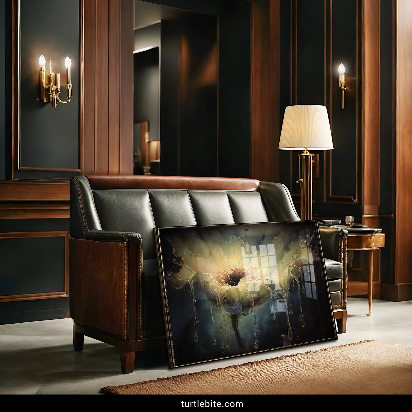 Eerie melting flower painting print with golden liquid petals flowing downward dark surreal botanical art