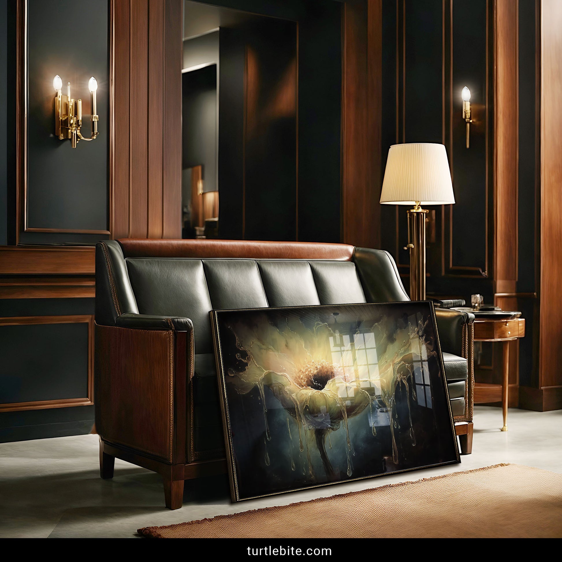 Eerie melting flower painting print with golden liquid petals flowing downward dark surreal botanical art