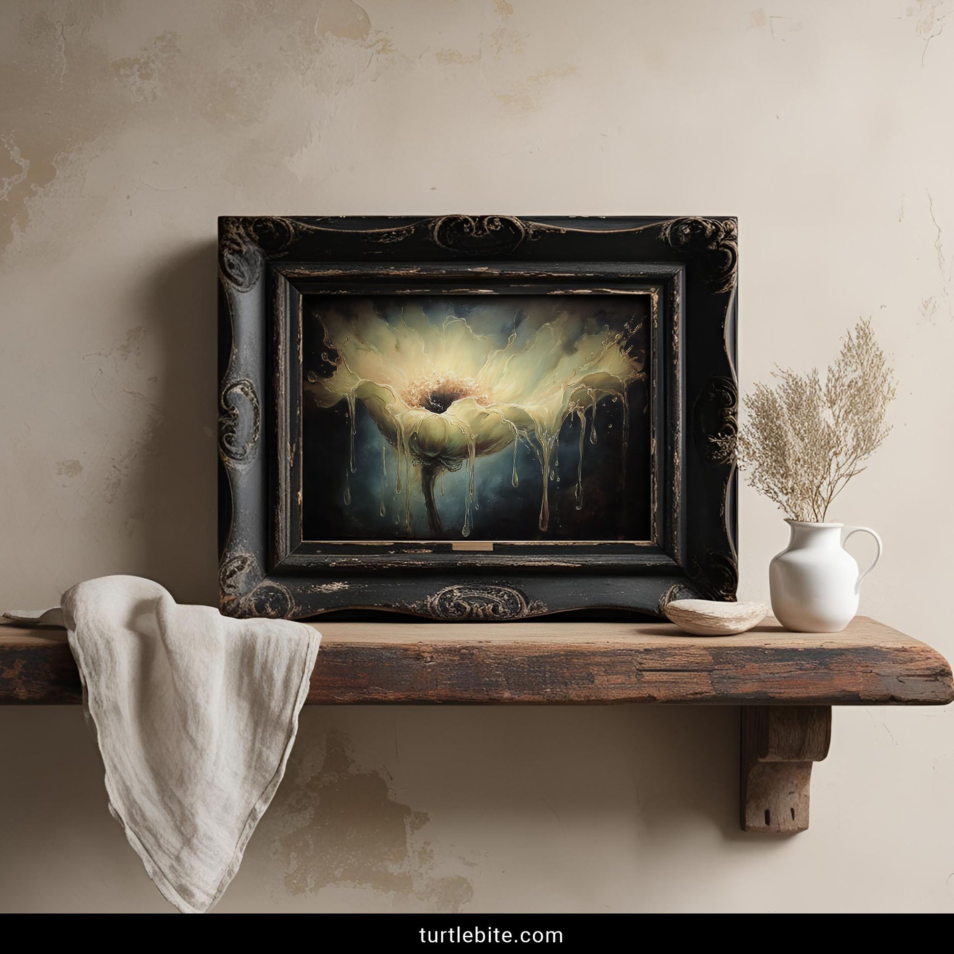 Gothic dripping flower wall art poster with luminous center and melting petals moody alternative decoration