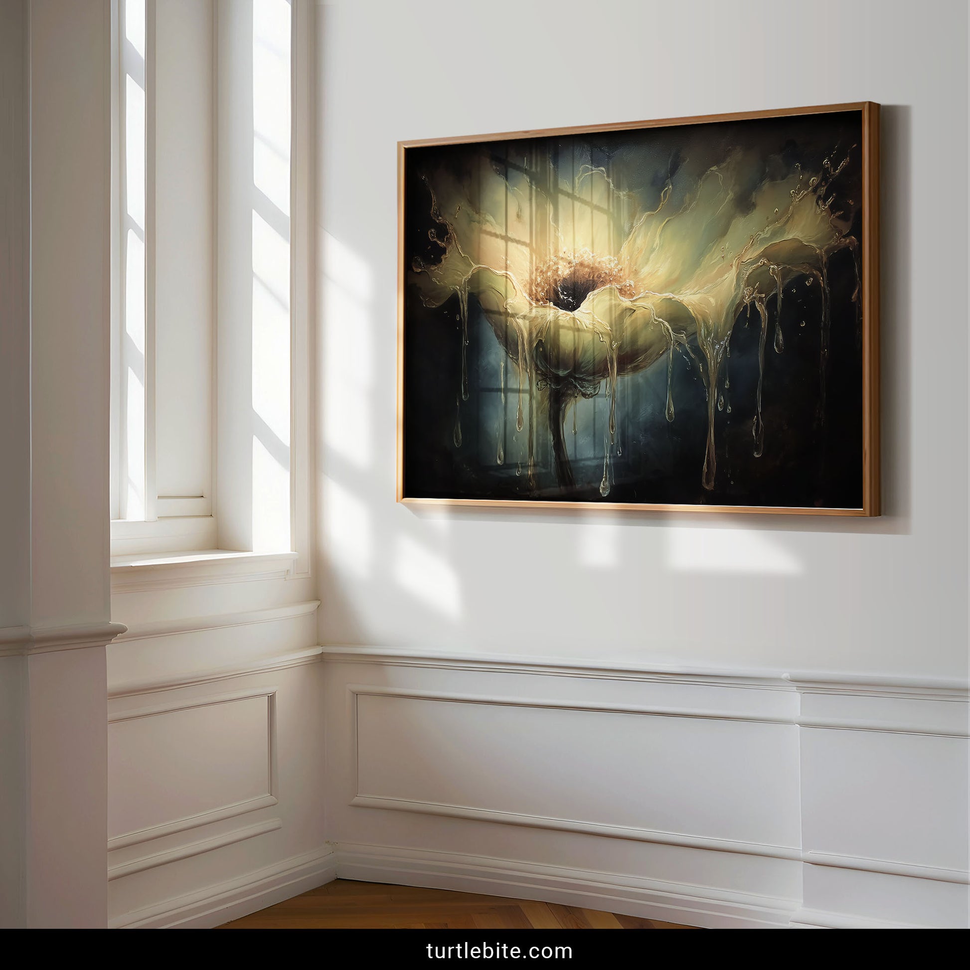 Macabre floral art showing decay transformation with dripping petals and radiant center alternative home decor